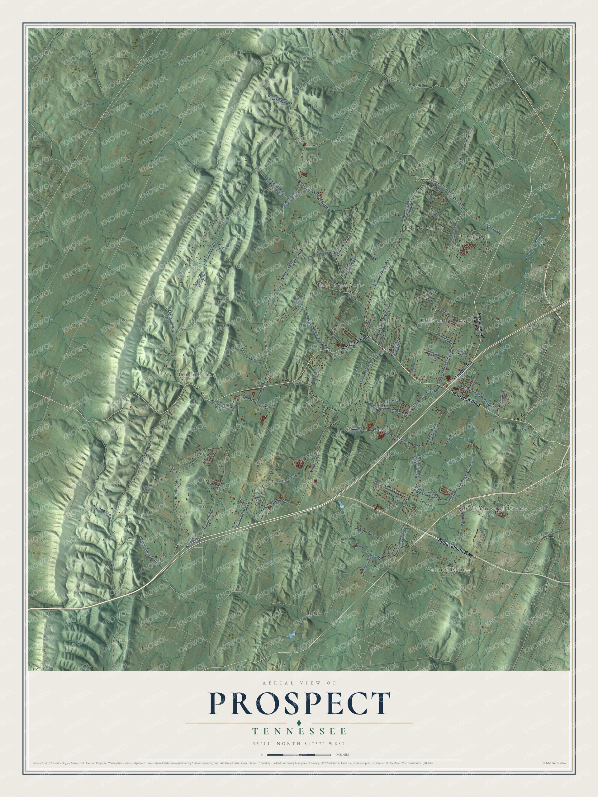Full map of Prospect, Tennessee, with red buildings, printed street names and the land around them