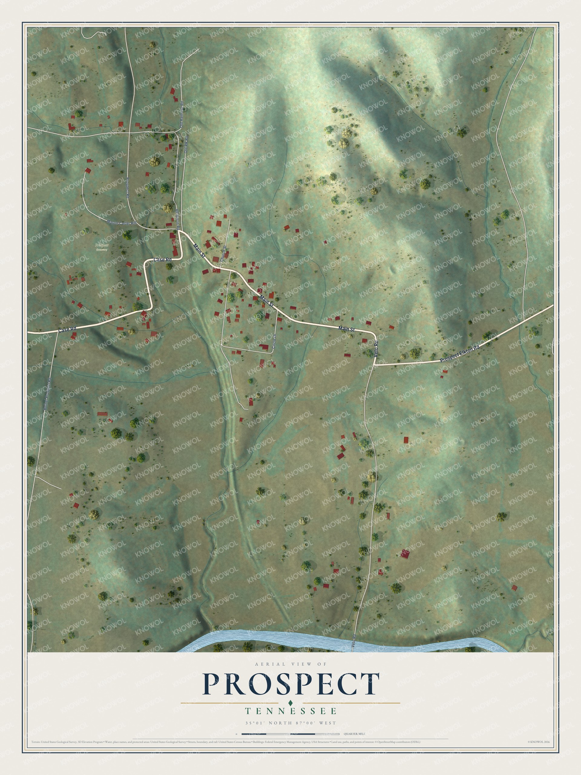 Full map of Prospect, Tennessee, with red buildings, printed street names and the land around them