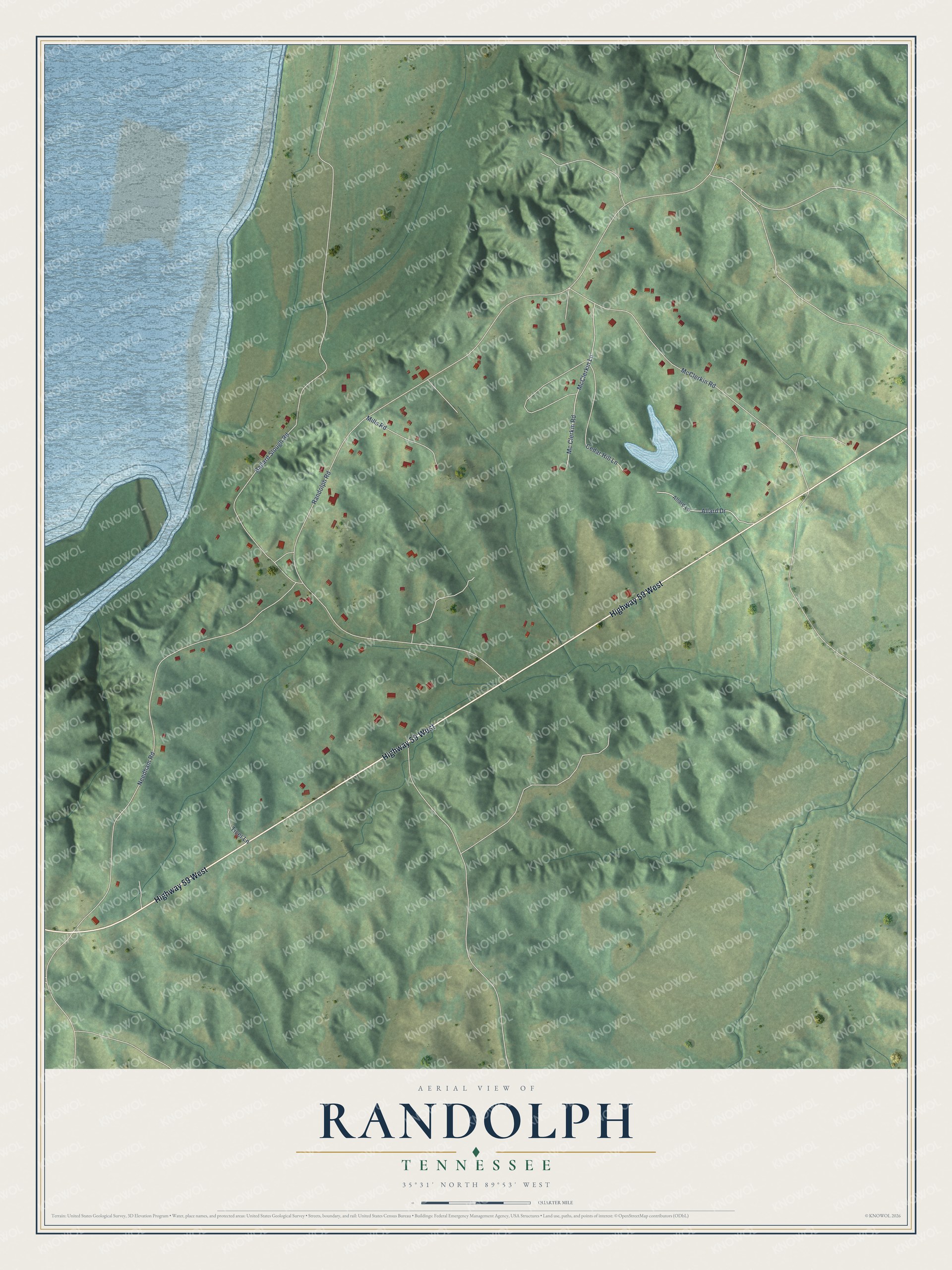 Full map of Randolph, Tennessee, with red buildings, printed street names and the land around them