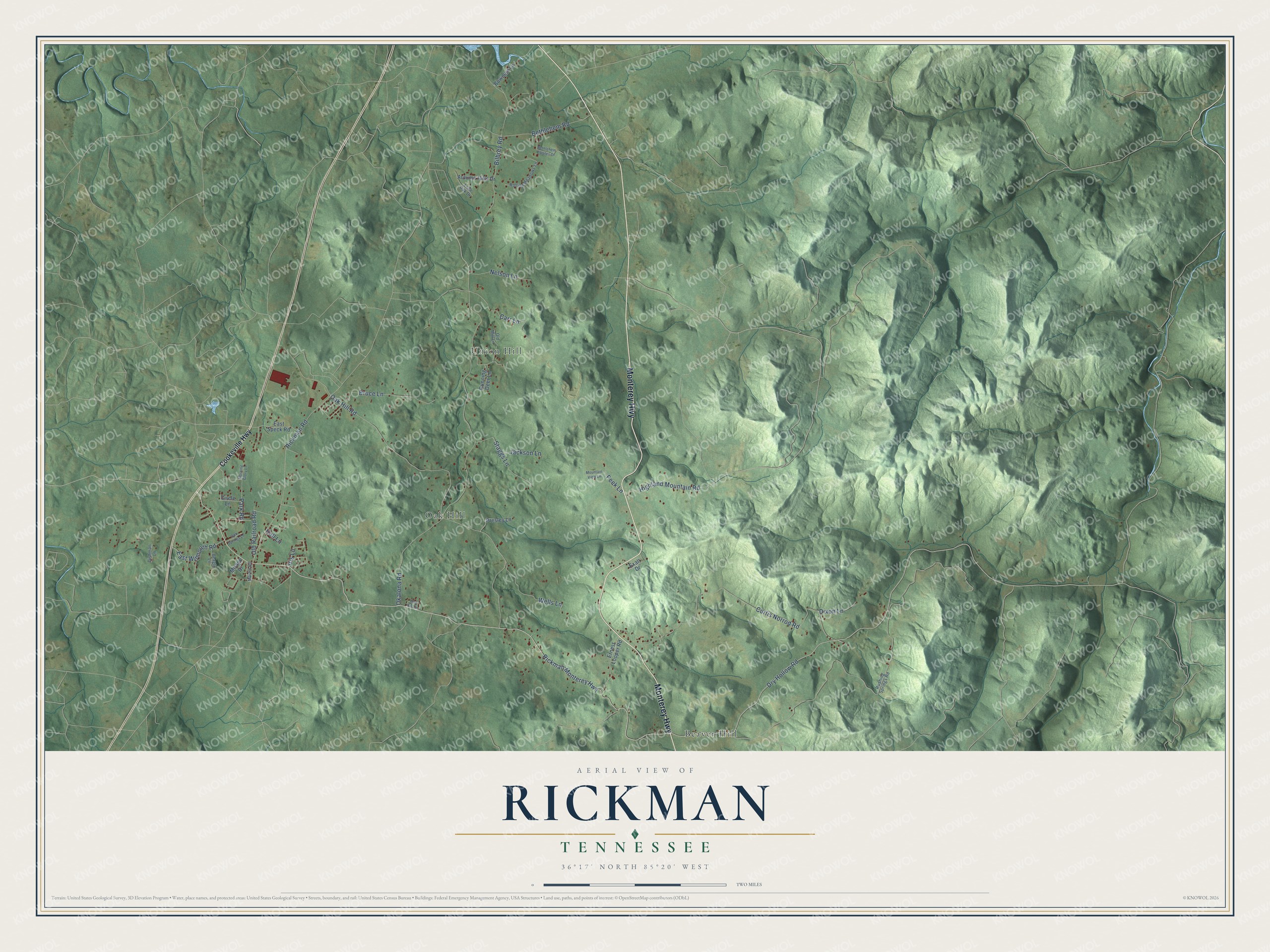 Full map of Rickman, Tennessee, with red buildings, printed street names and the land around them