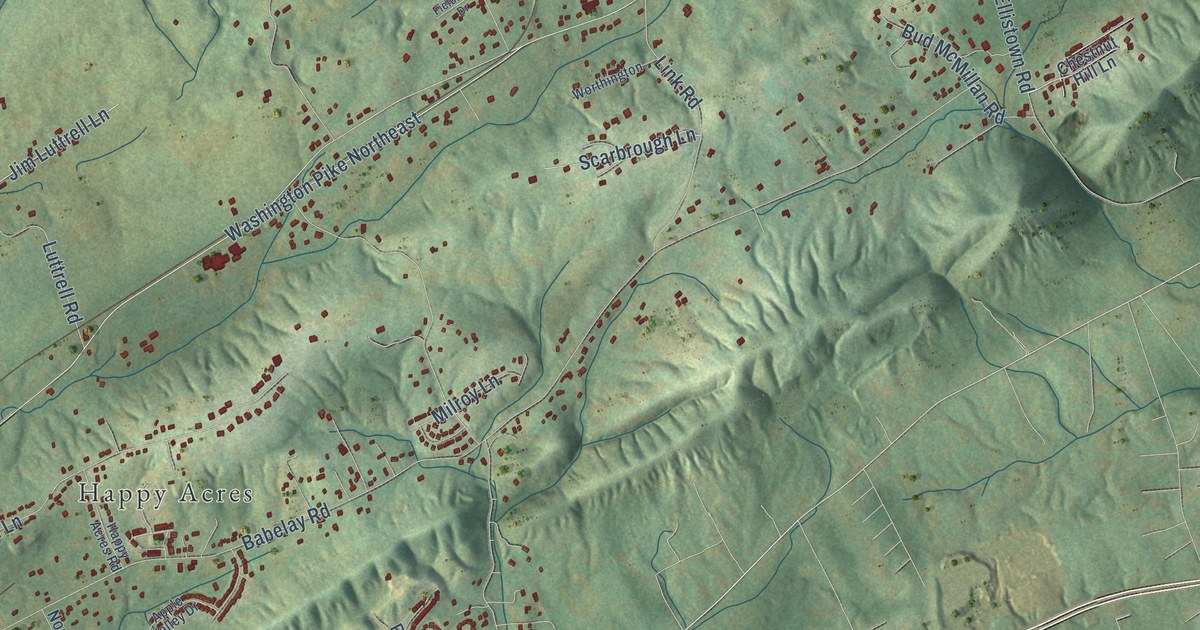 Close-up of streets and buildings in Ritta, Tennessee