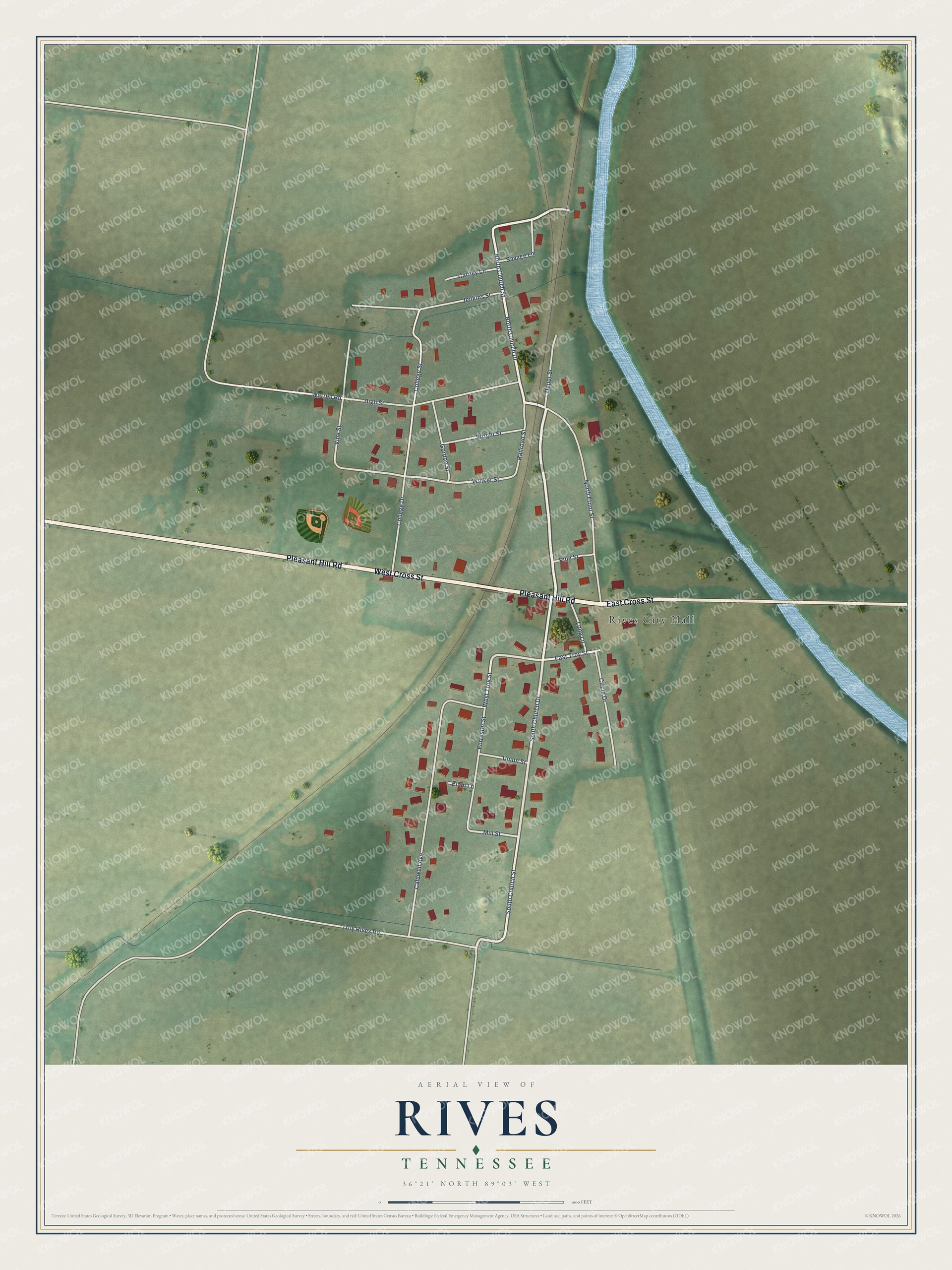 Full map of Rives, Tennessee, with red buildings, printed street names and the land around them