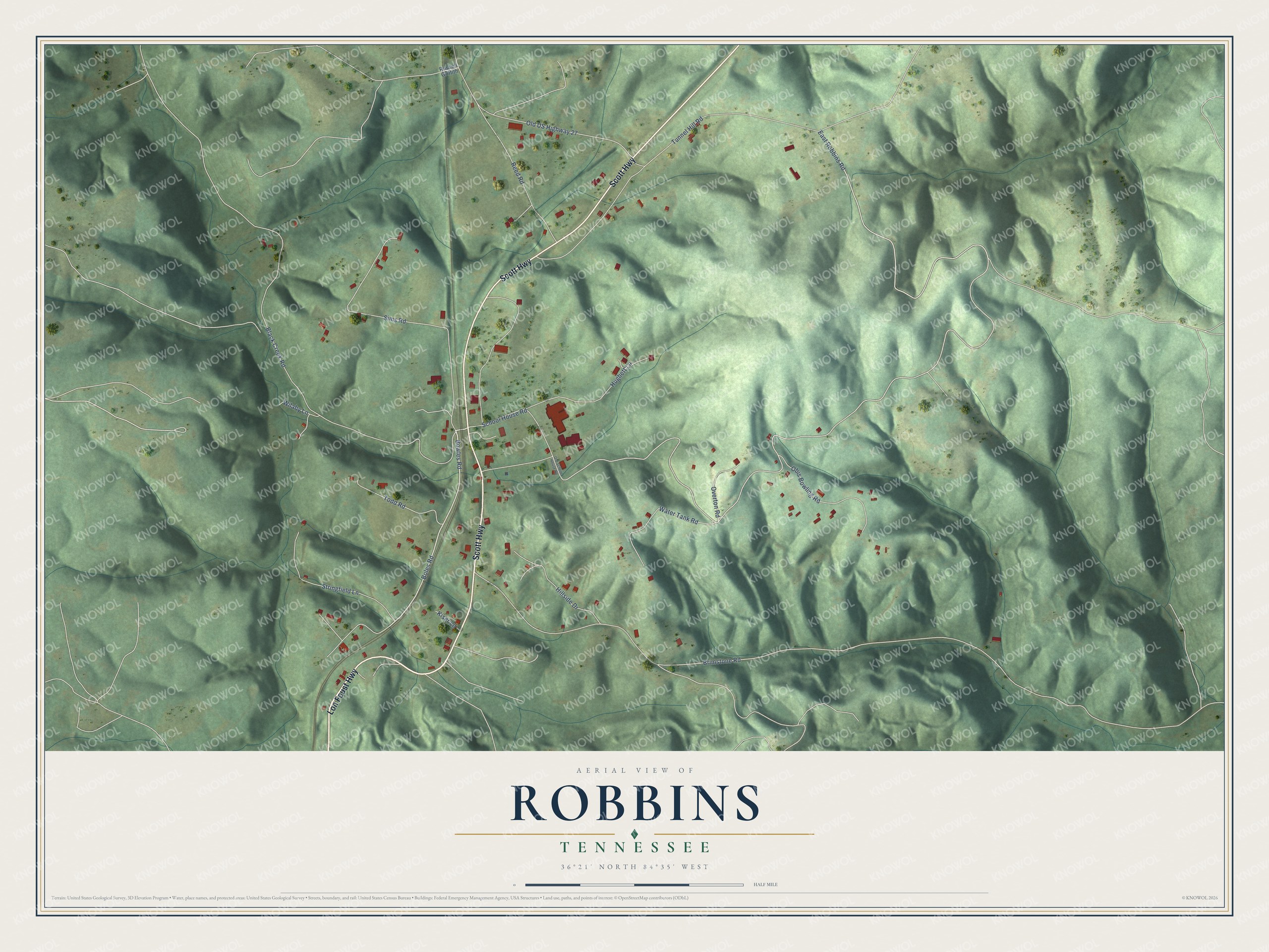 Full map of Robbins, Tennessee, with red buildings, printed street names and the land around them