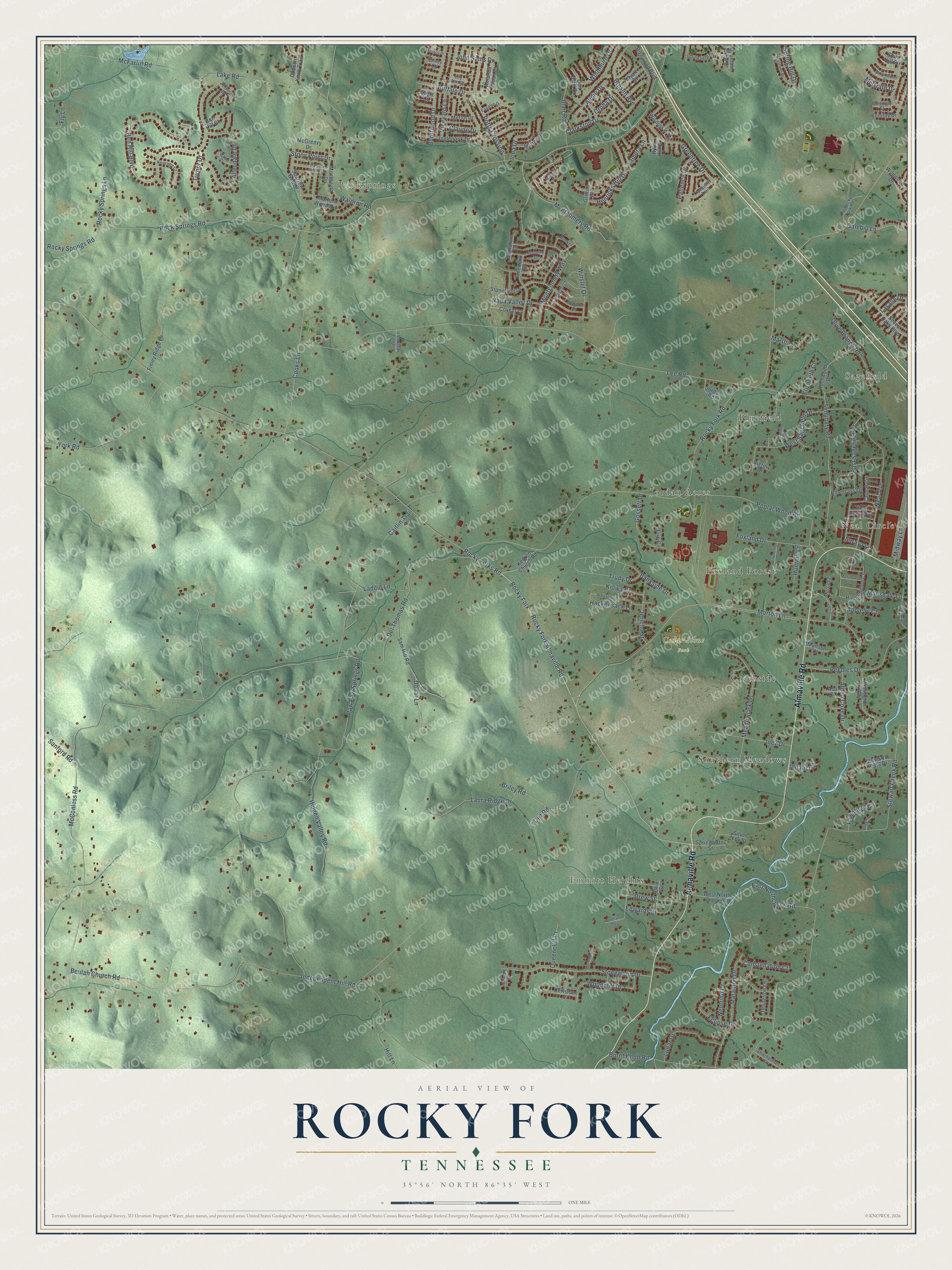Full map of Rocky Fork, Tennessee, with red buildings, printed street names and the land around them