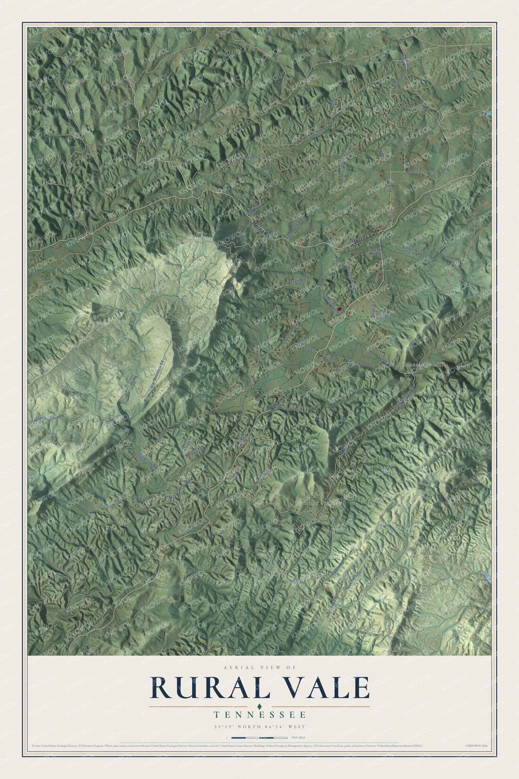 Full map of Rural Vale, Tennessee, with red buildings, printed street names and the land around them