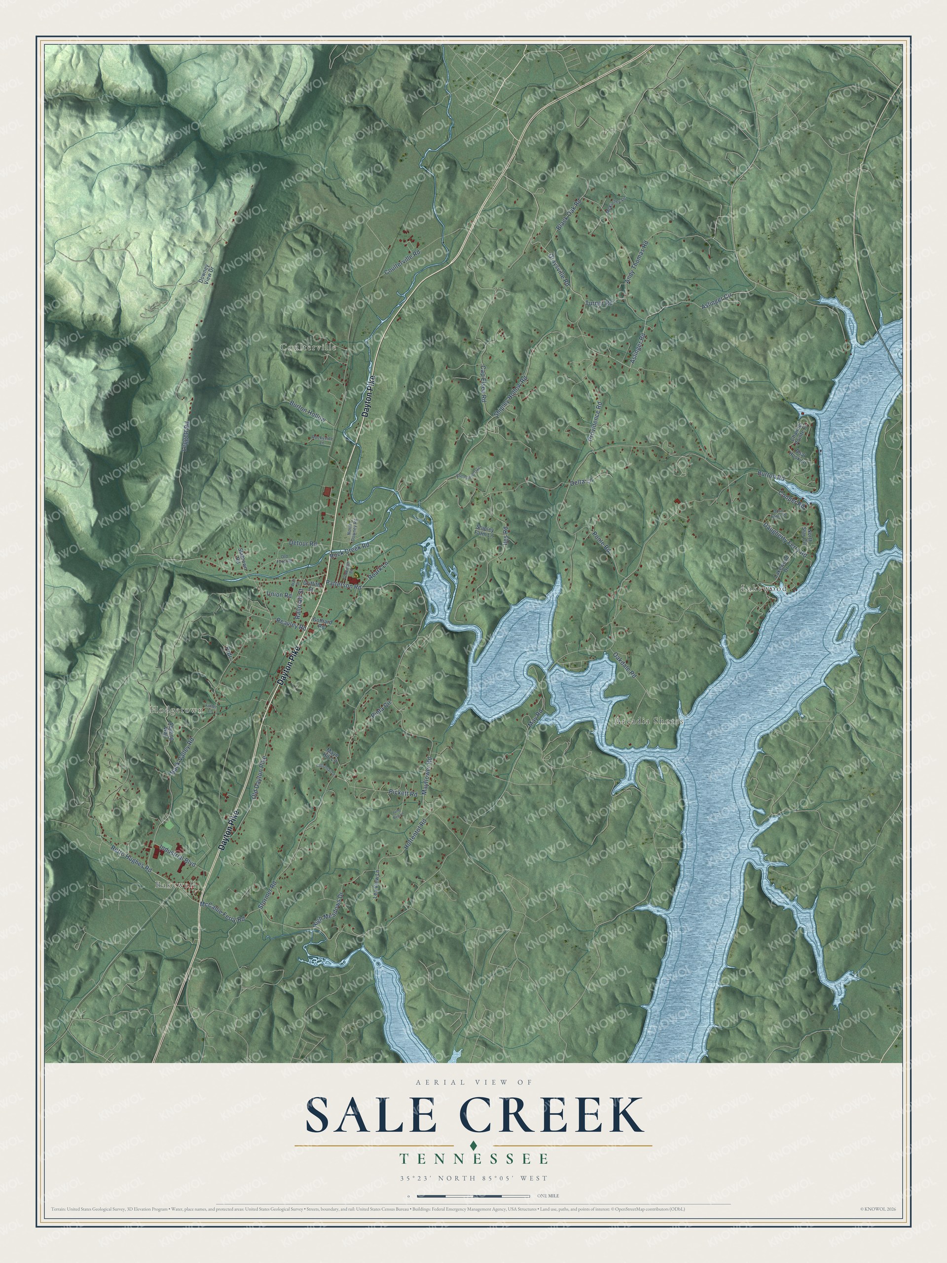 Full map of Sale Creek, Tennessee, with red buildings, printed street names and the land around them