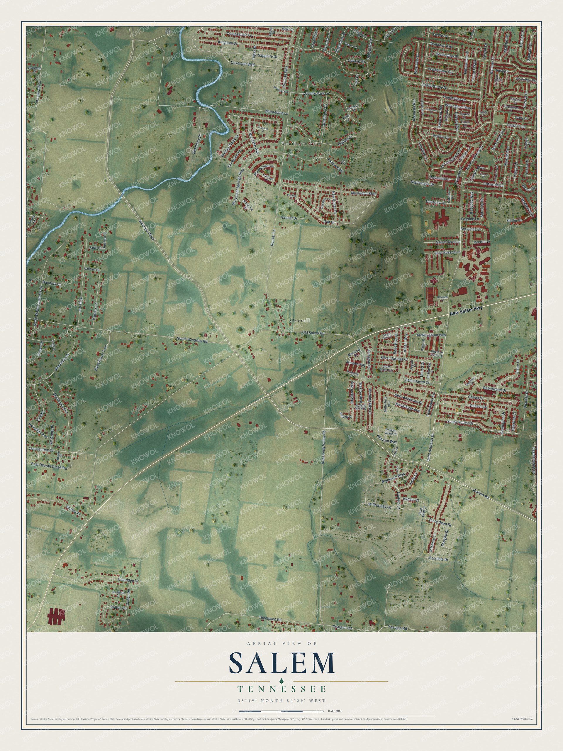 Full map of Salem, Tennessee, with red buildings, printed street names and the land around them