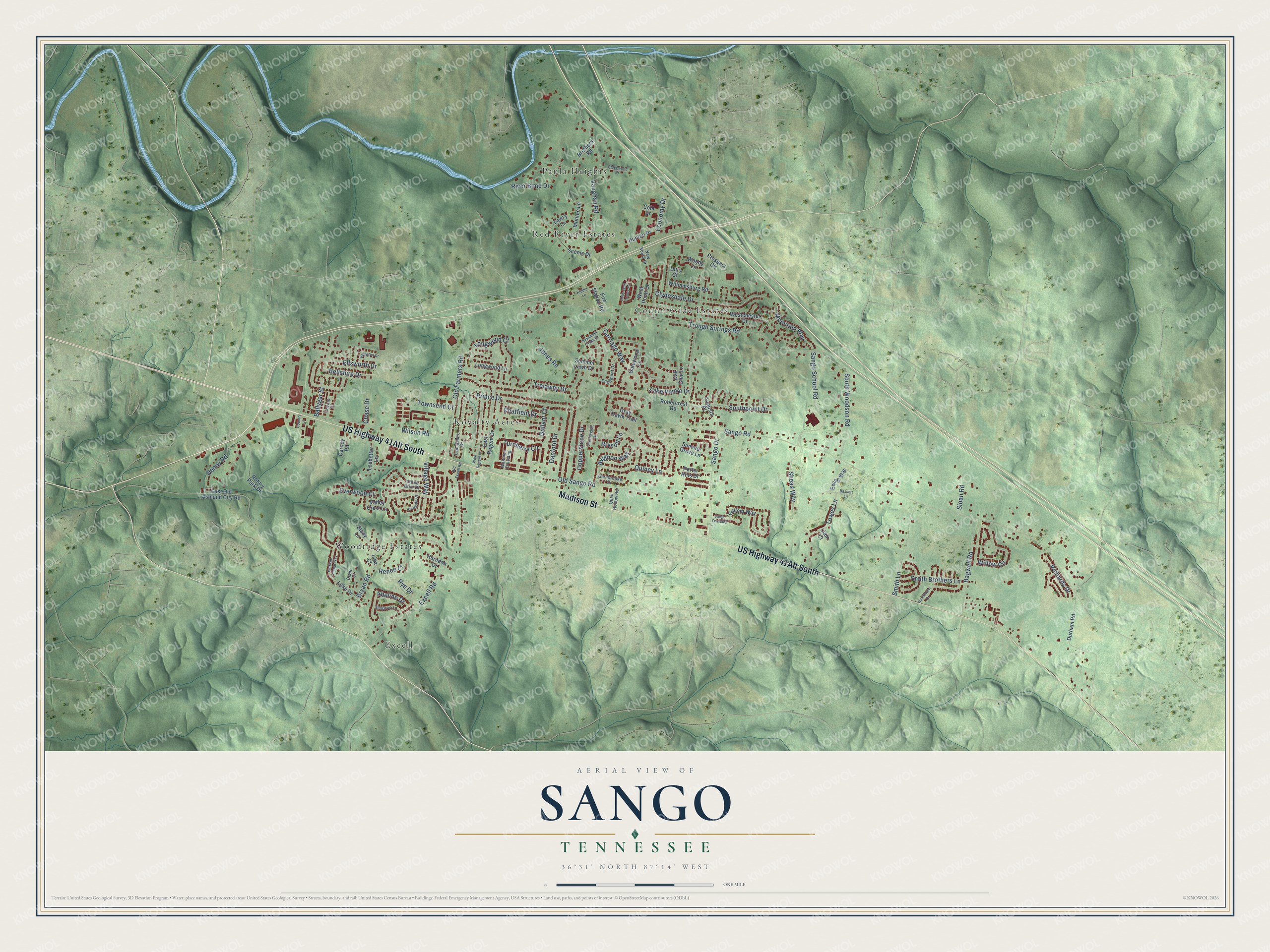 Full map of Sango, Tennessee, with red buildings, printed street names and the land around them