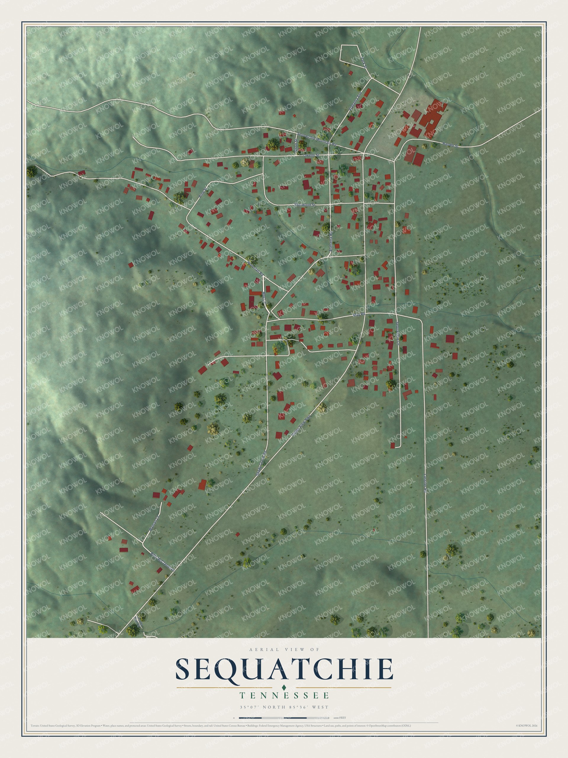 Full map of Sequatchie, Tennessee, with red buildings, printed street names and the land around them