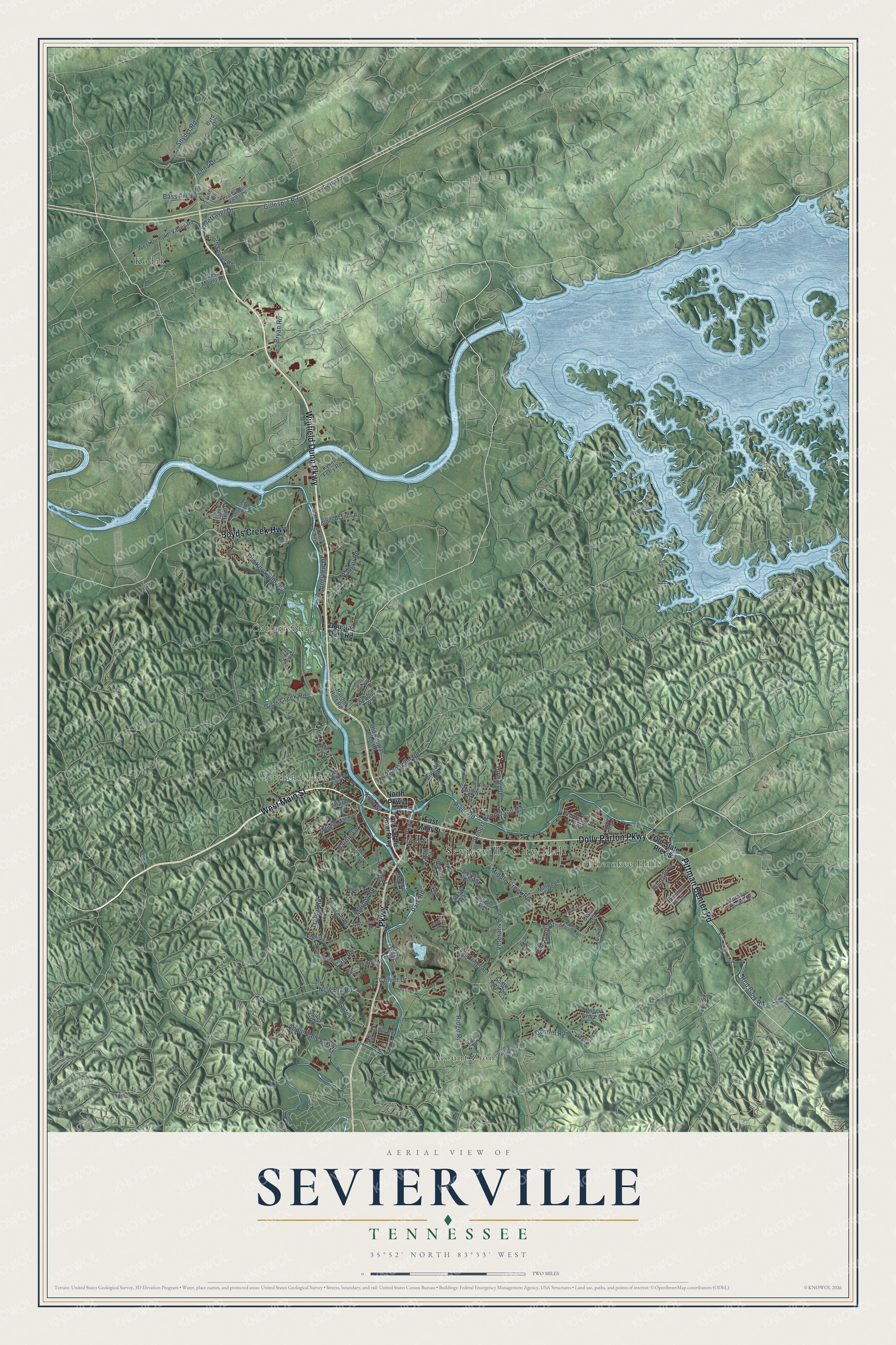Full map of Sevierville, Tennessee, with red buildings, printed street names and the land around them