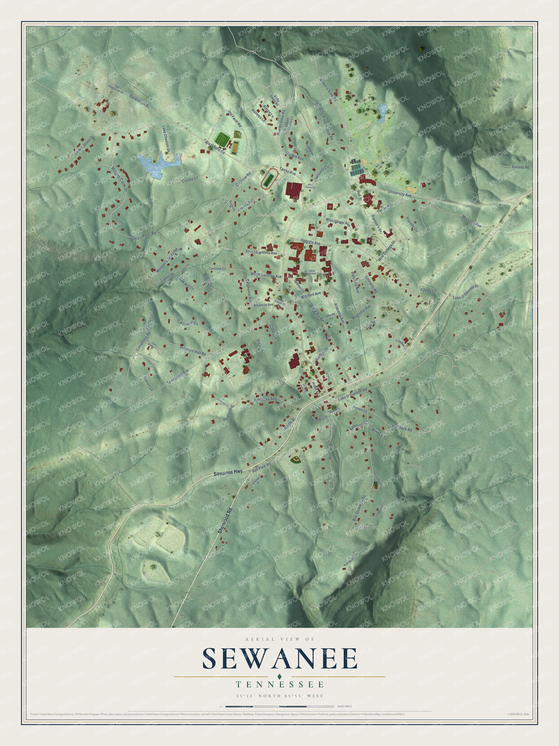 Watermarked full-map preview of Sewanee, Tennessee