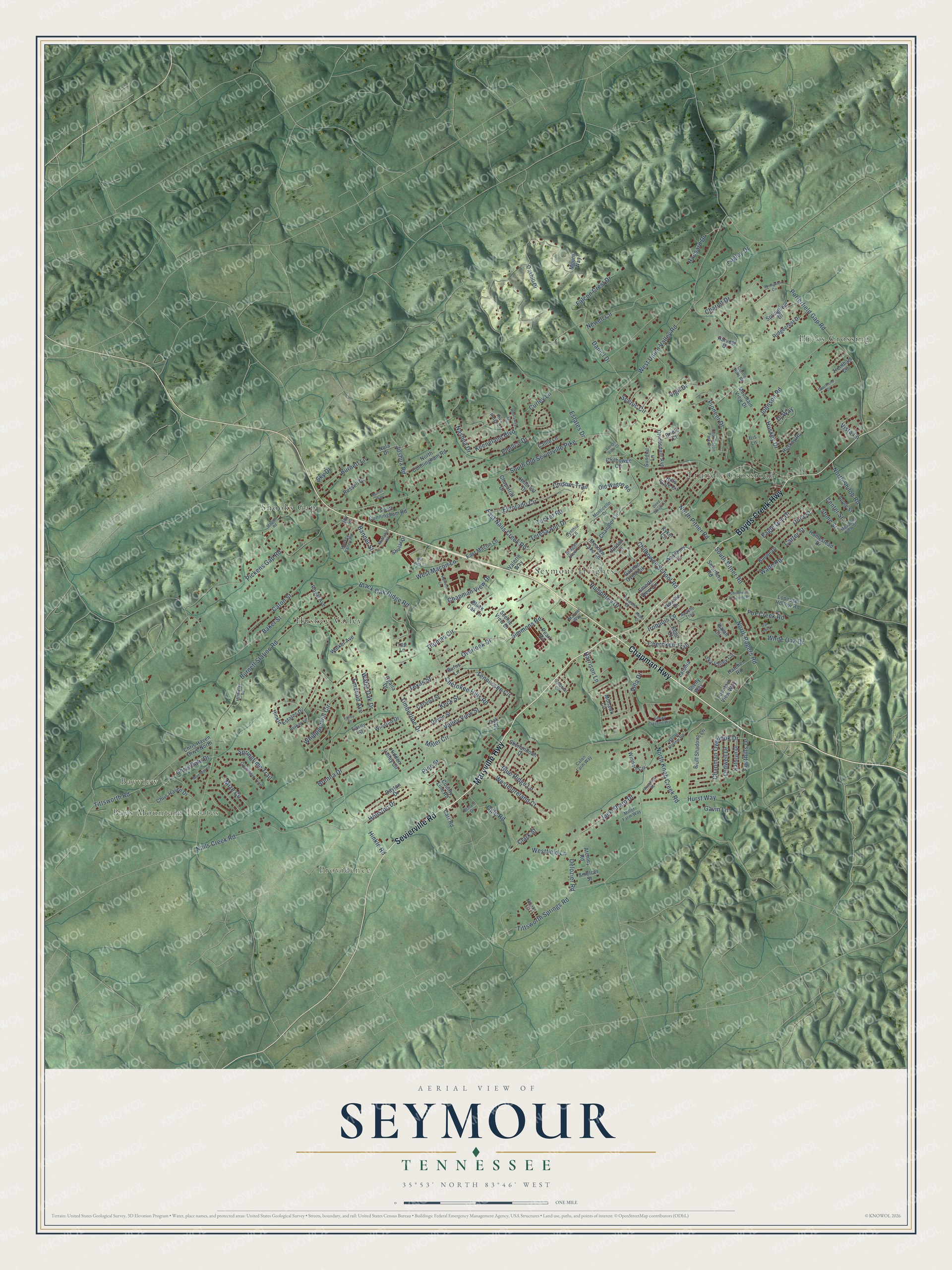 Full map of Seymour, Tennessee, with red buildings, printed street names and the land around them