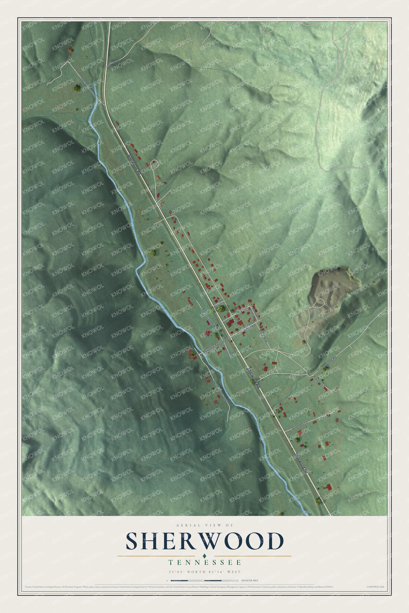Full map of Sherwood, Tennessee, with red buildings, printed street names and the land around them
