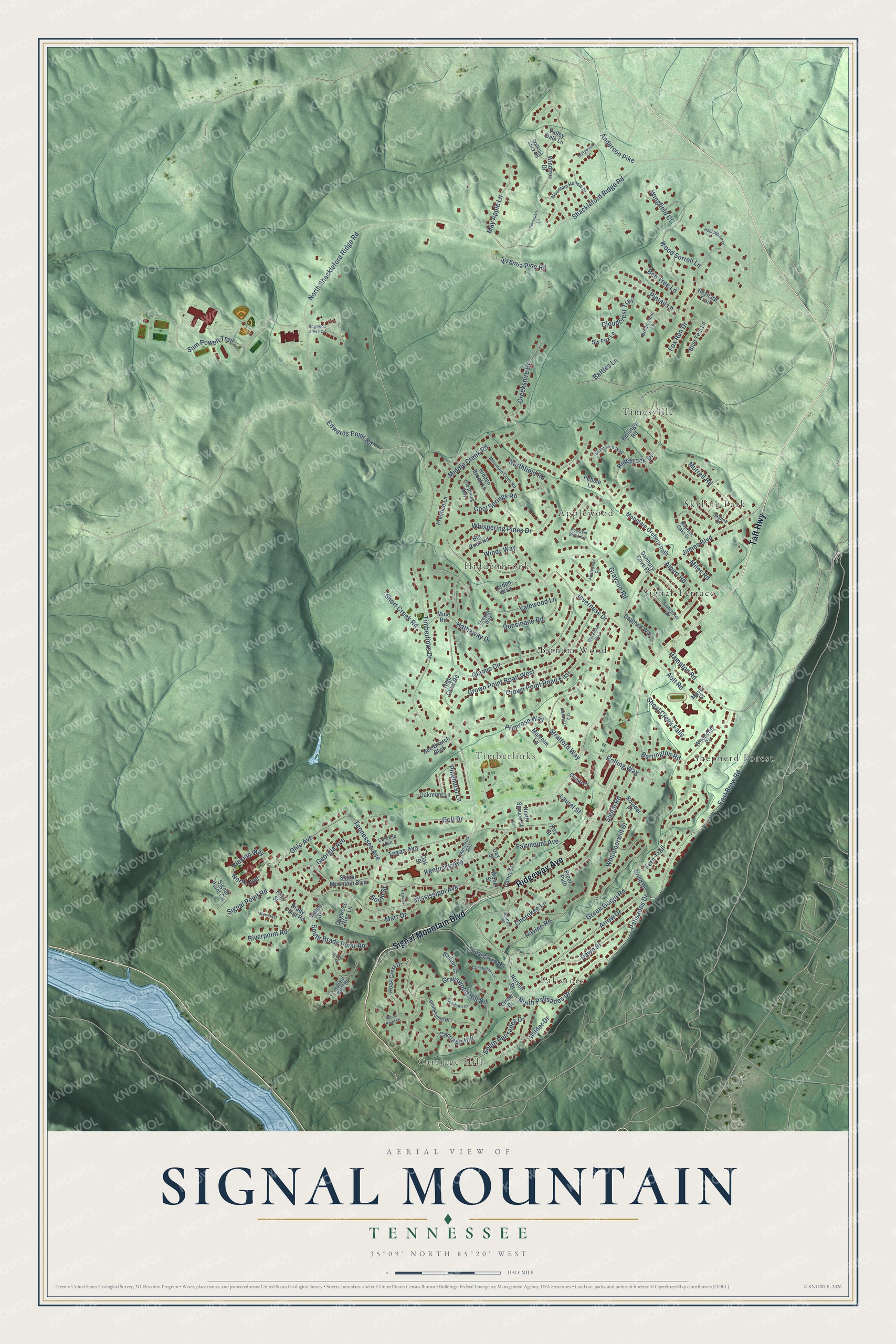 Watermarked full-map preview of Signal Mountain, Tennessee