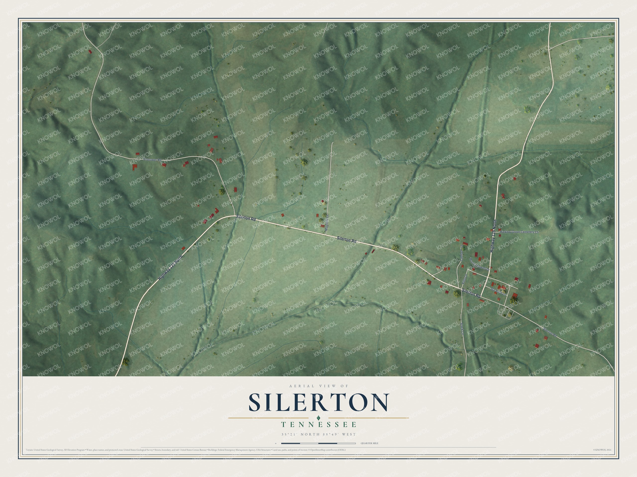 Full map of Silerton, Tennessee, with red buildings, printed street names and the land around them