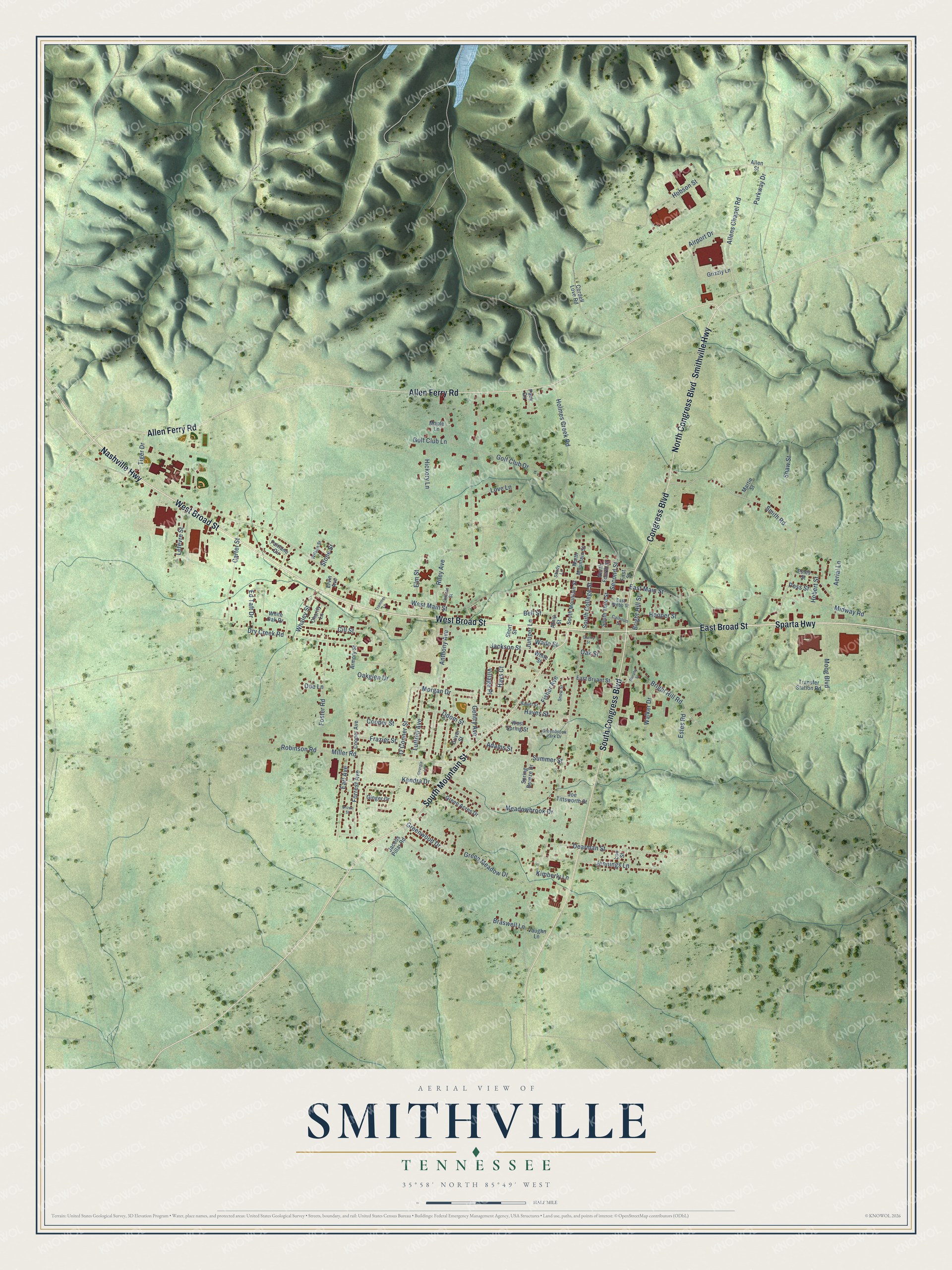 Full map of Smithville, Tennessee, with red buildings, printed street names and the land around them