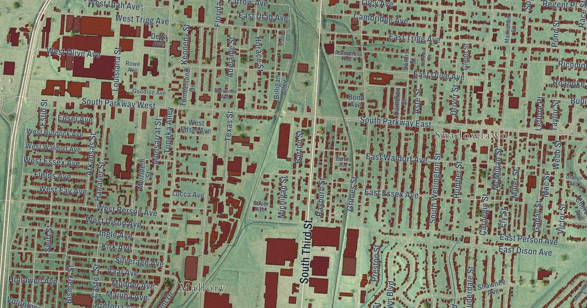 Close-up of streets and buildings in South Memphis, Tennessee
