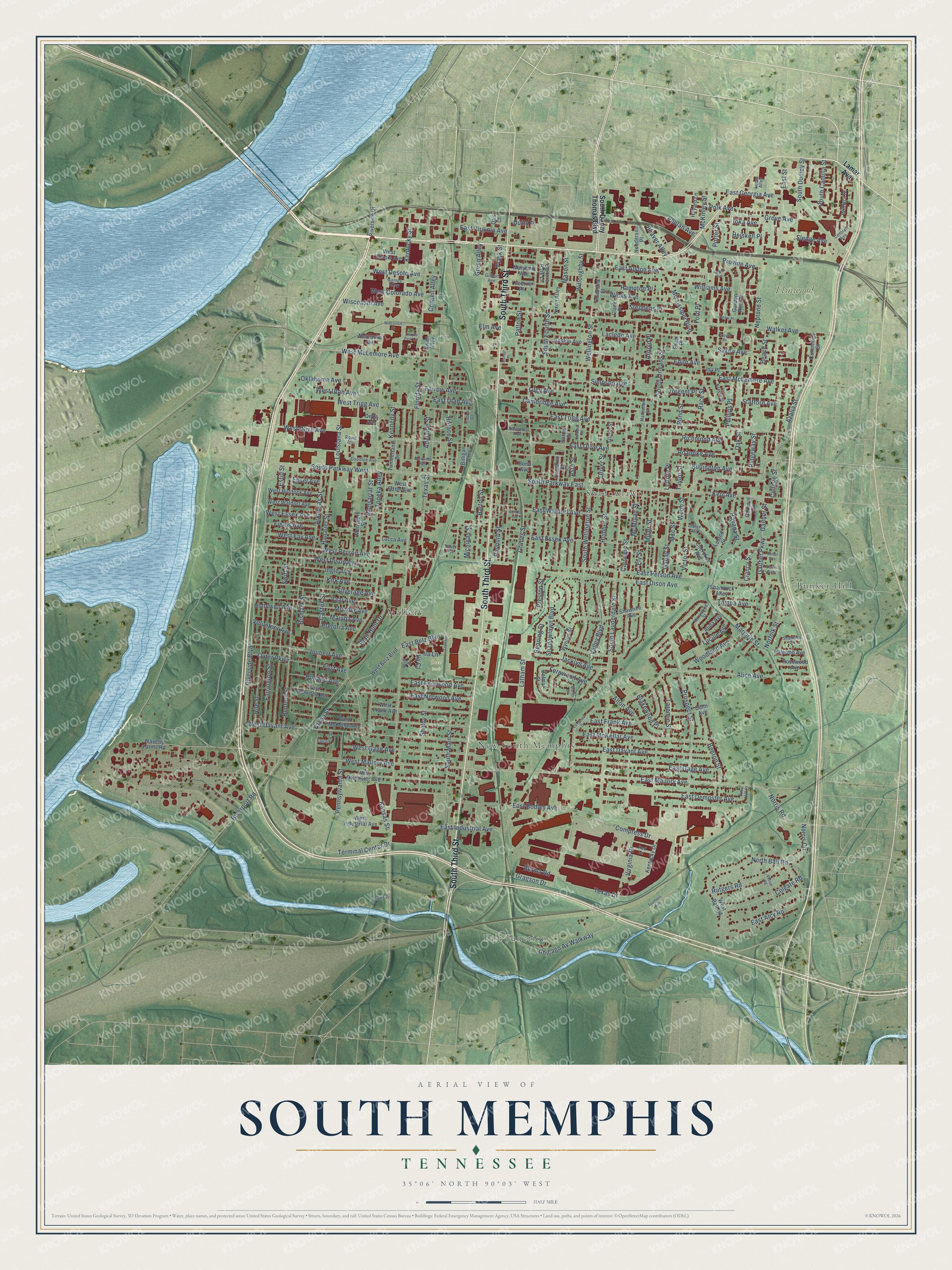 Full map of South Memphis, Tennessee, with red buildings, printed street names and the land around them