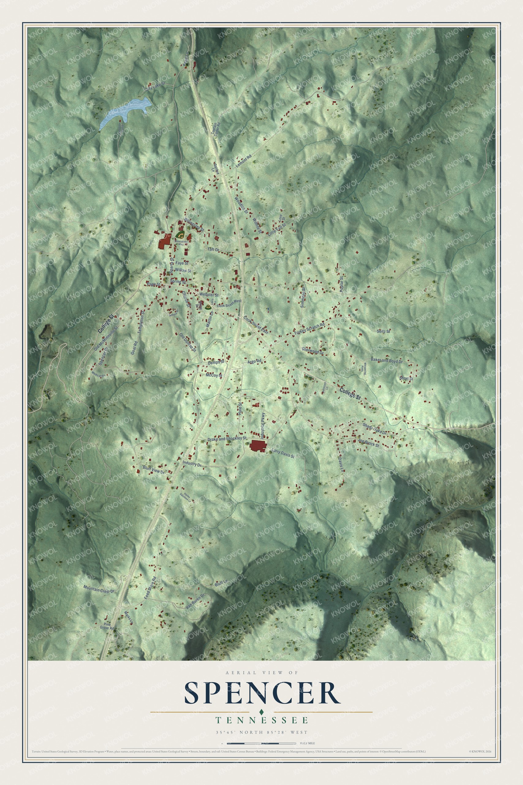 Full map of Spencer, Tennessee, with red buildings, printed street names and the land around them