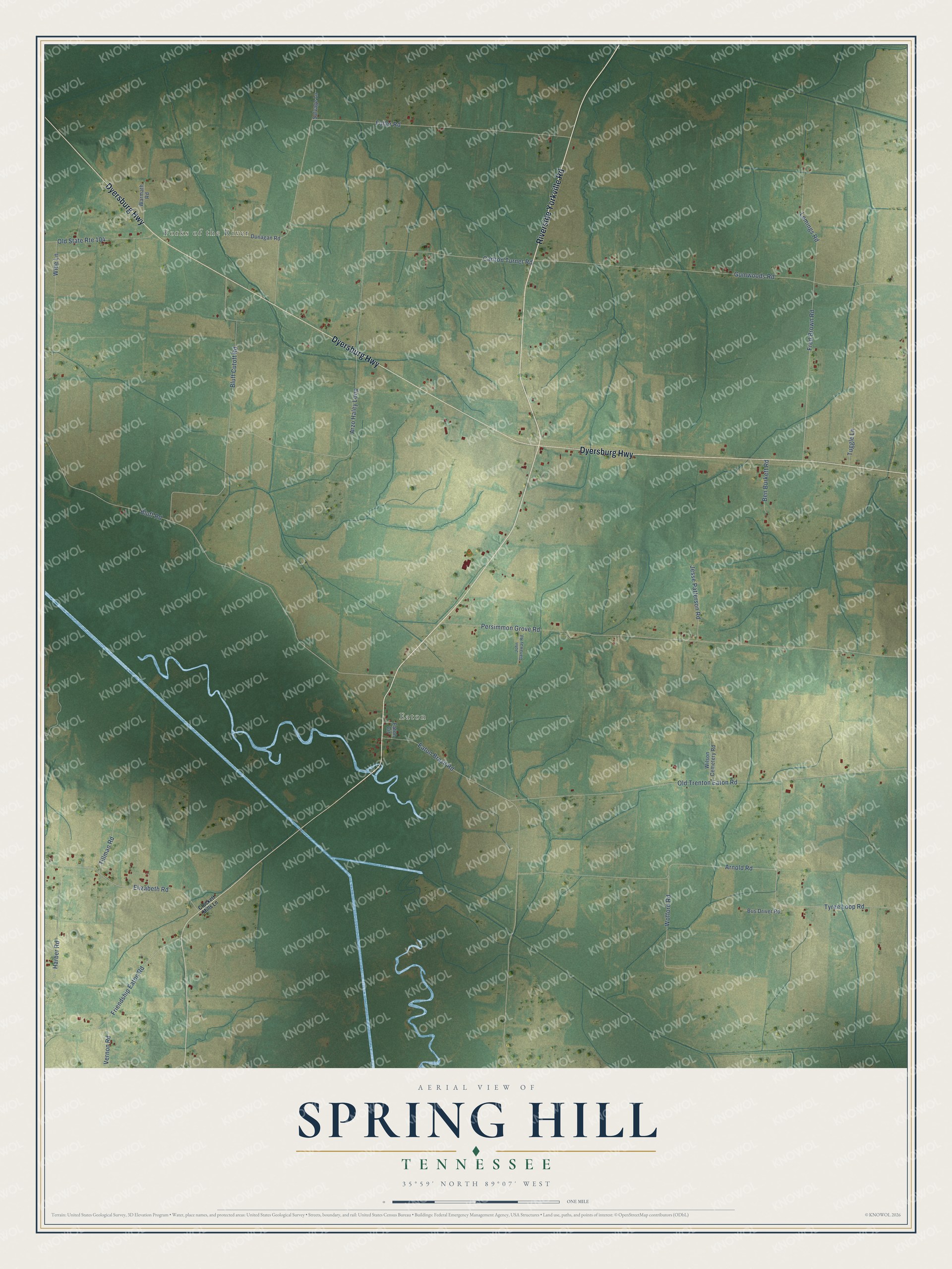 Full map of Spring Hill, Tennessee, with red buildings, printed street names and the land around them