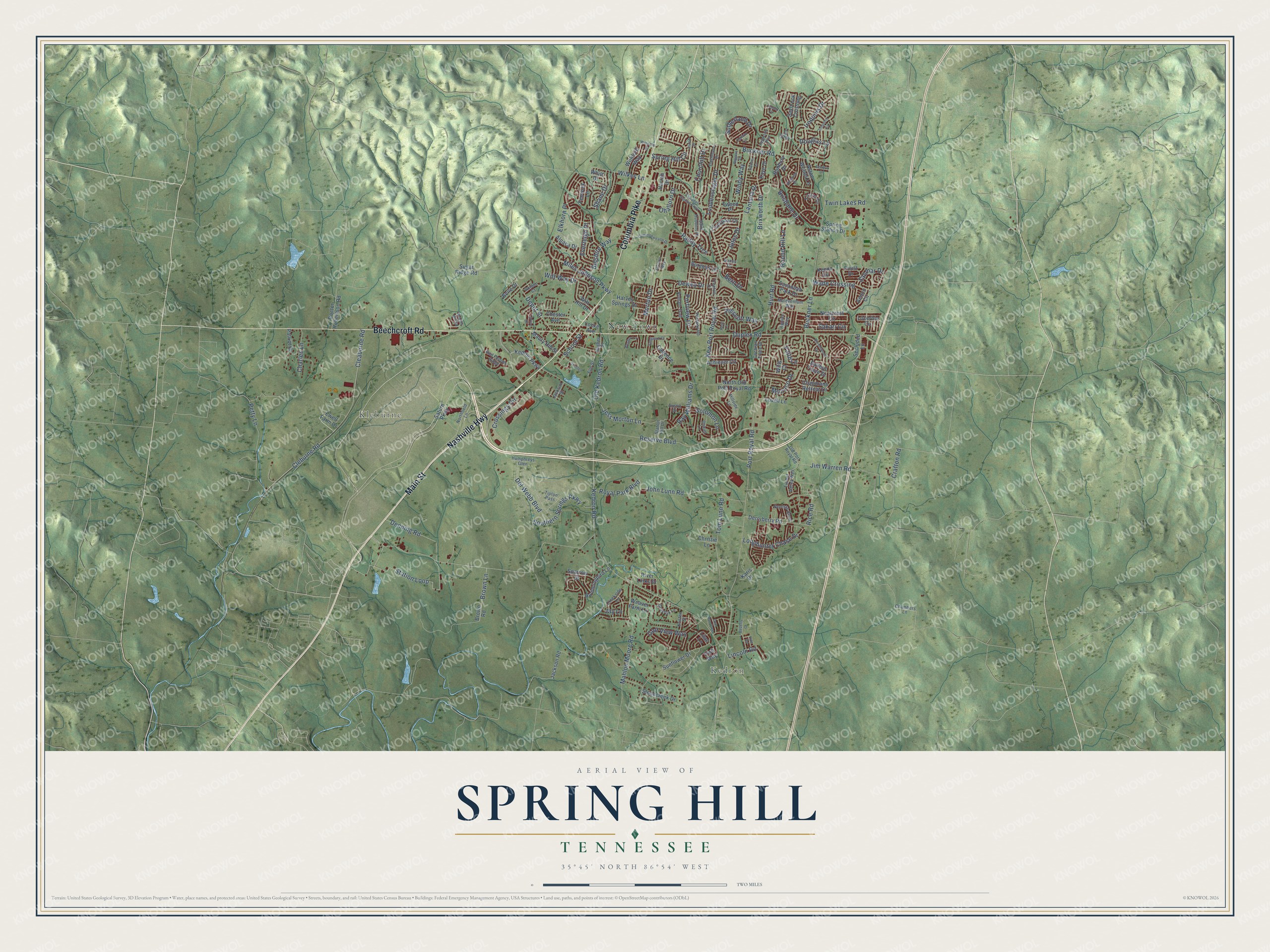 Full map of Spring Hill, Tennessee, with red buildings, printed street names and the land around them