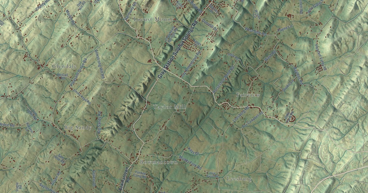 Close-up of streets and buildings in Sulphur Springs, Tennessee