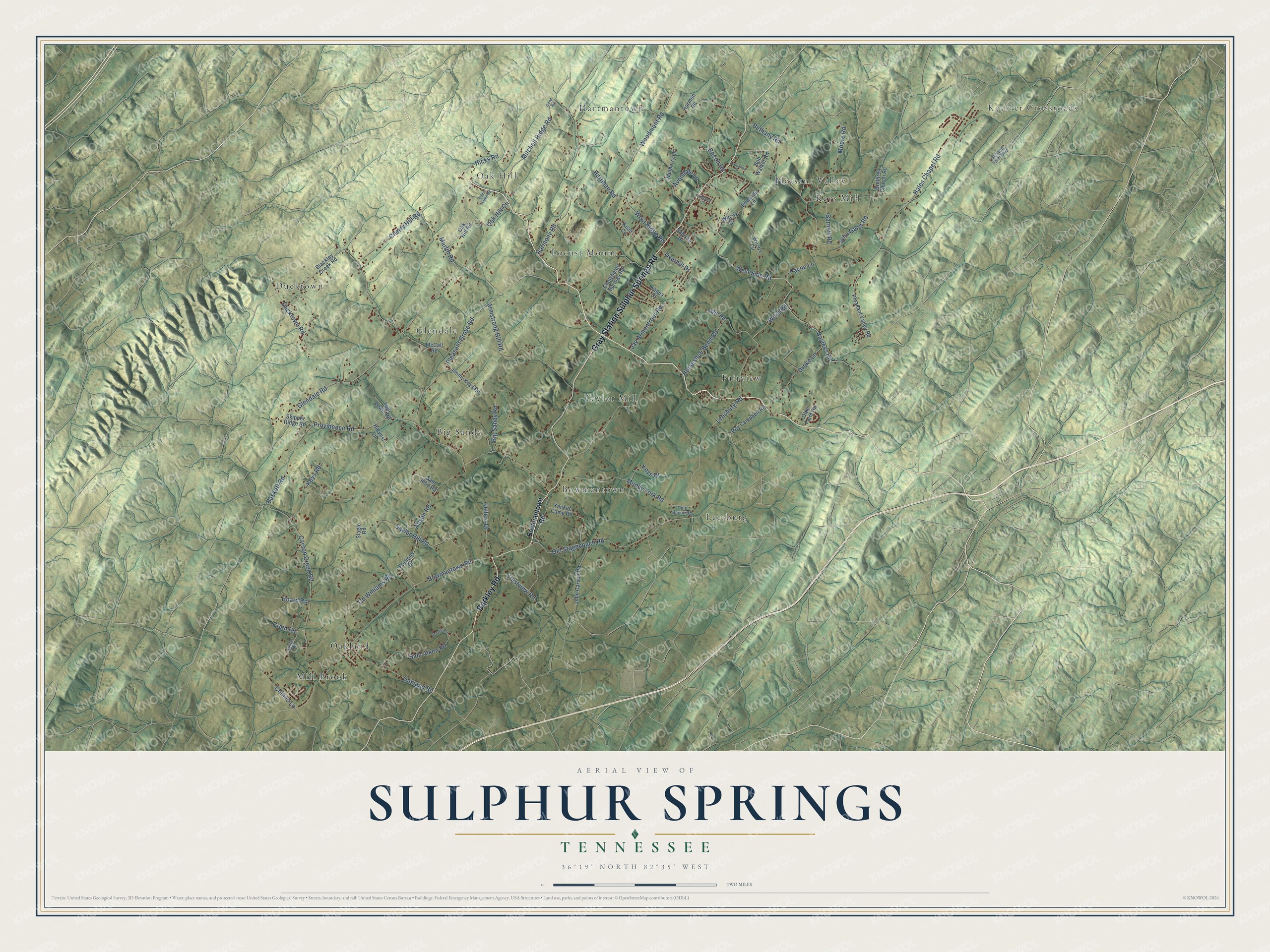 Full map of Sulphur Springs, Tennessee, with red buildings, printed street names and the land around them