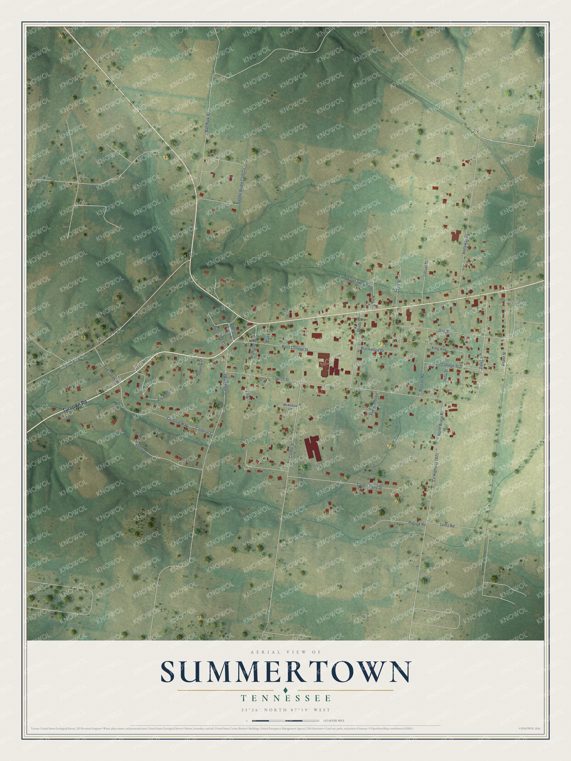 Full map of Summertown, Tennessee, with red buildings, printed street names and the land around them