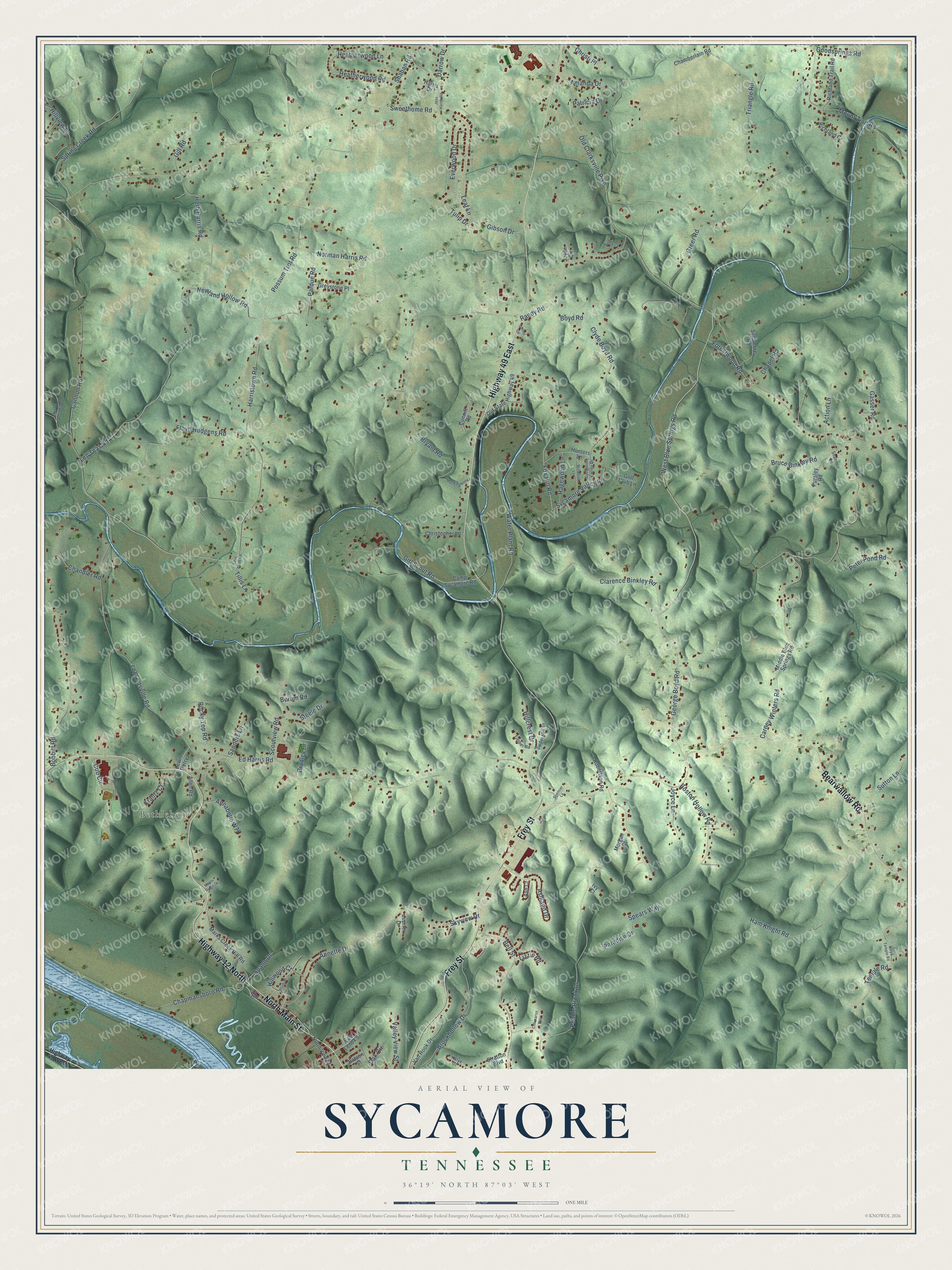 Full map of Sycamore, Tennessee, with red buildings, printed street names and the land around them