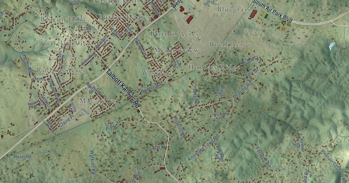 Close-up of streets and buildings in Talbott, Tennessee