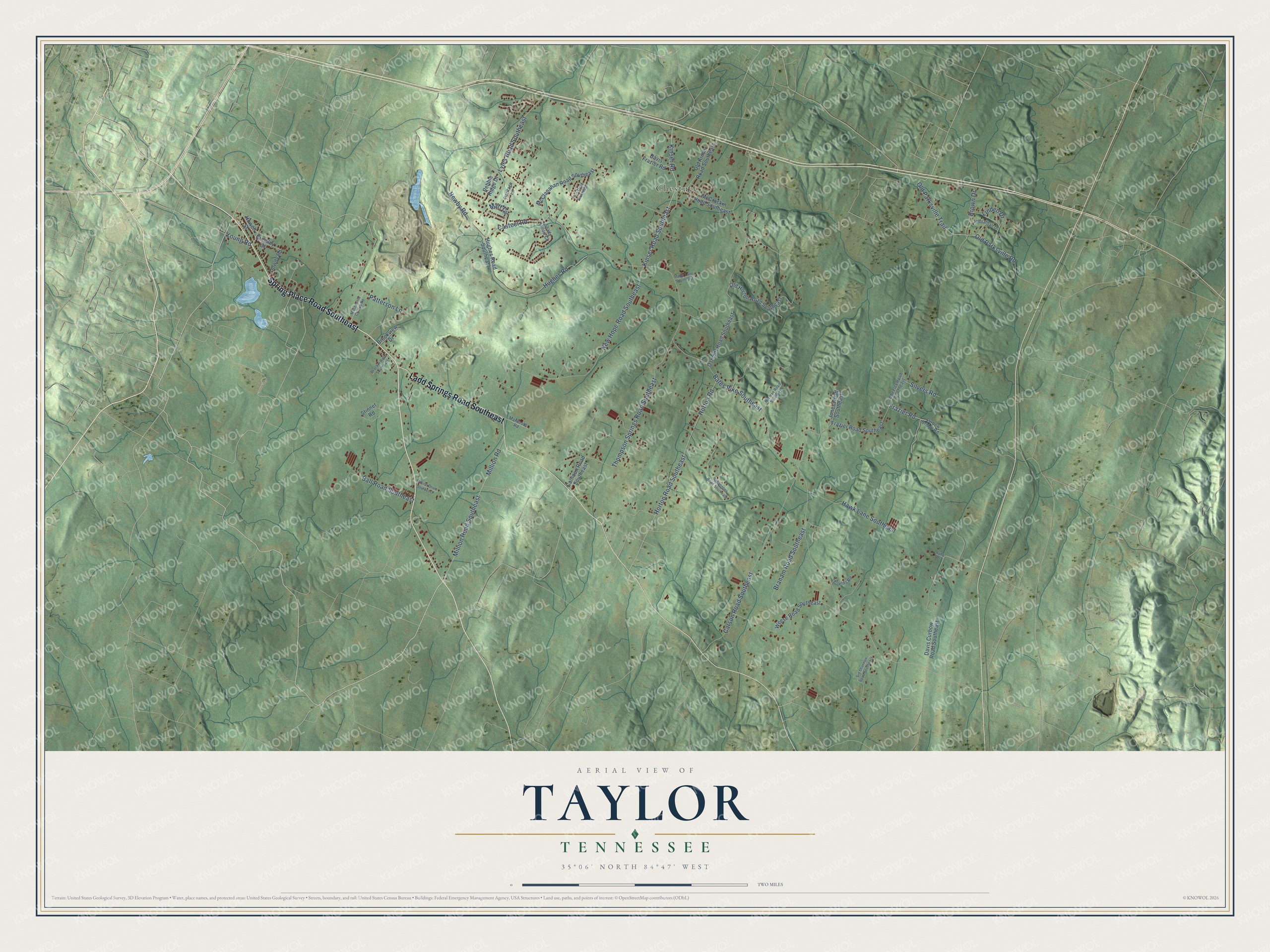 Full map of Taylor, Tennessee, with red buildings, printed street names and the land around them