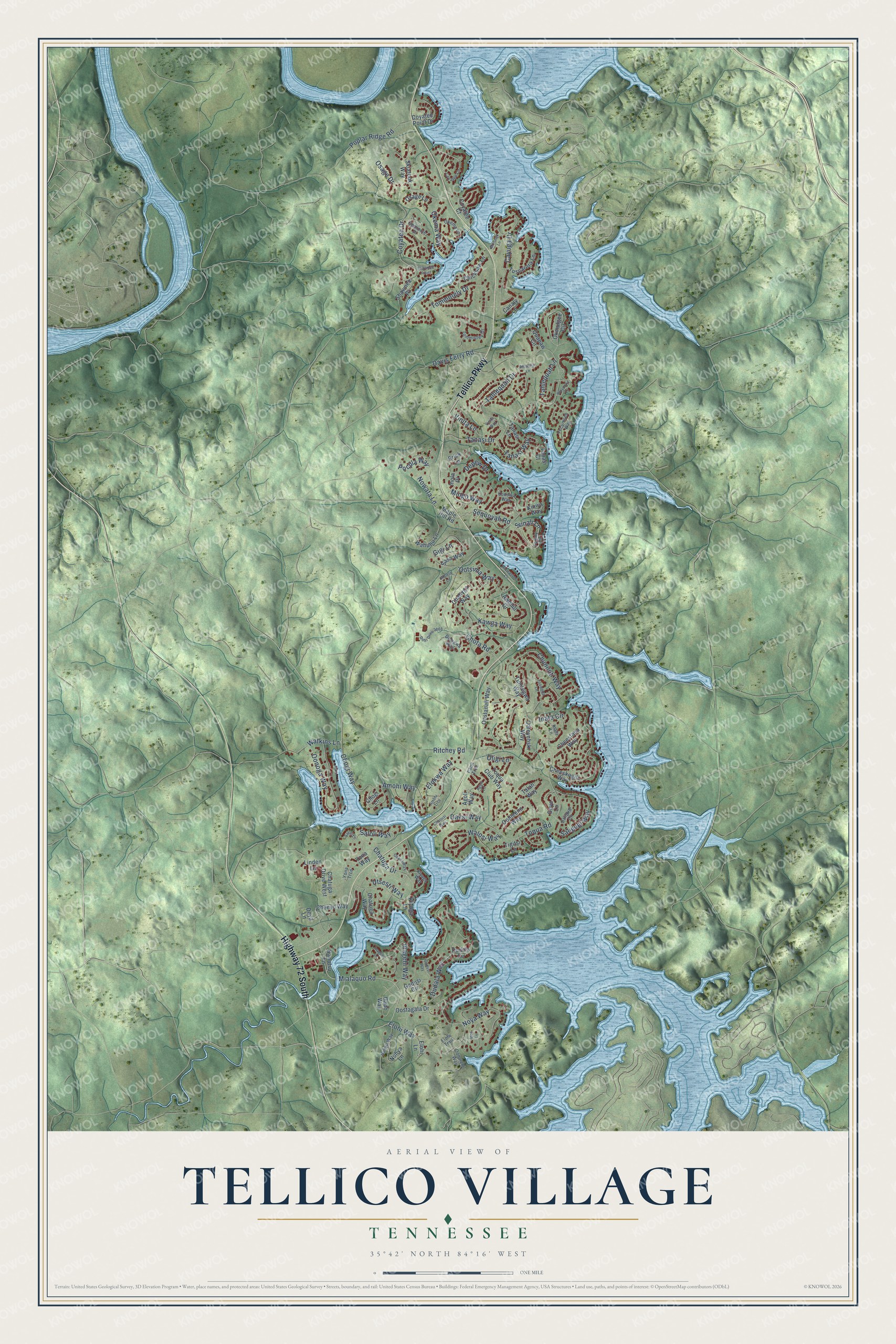 Full map of Tellico Village, Tennessee, with red buildings, printed street names and the land around them
