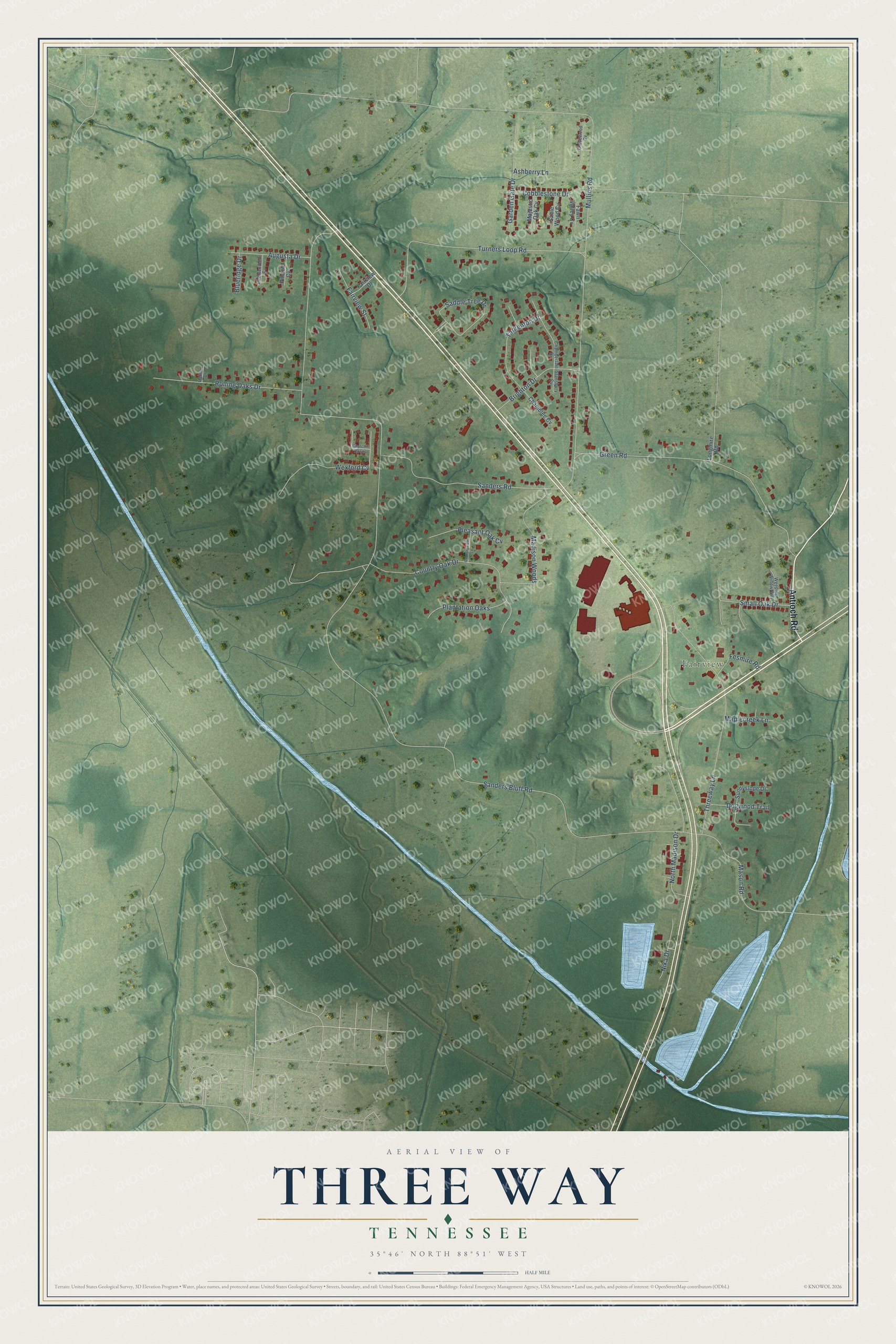 Full map of Three Way, Tennessee, with red buildings, printed street names and the land around them