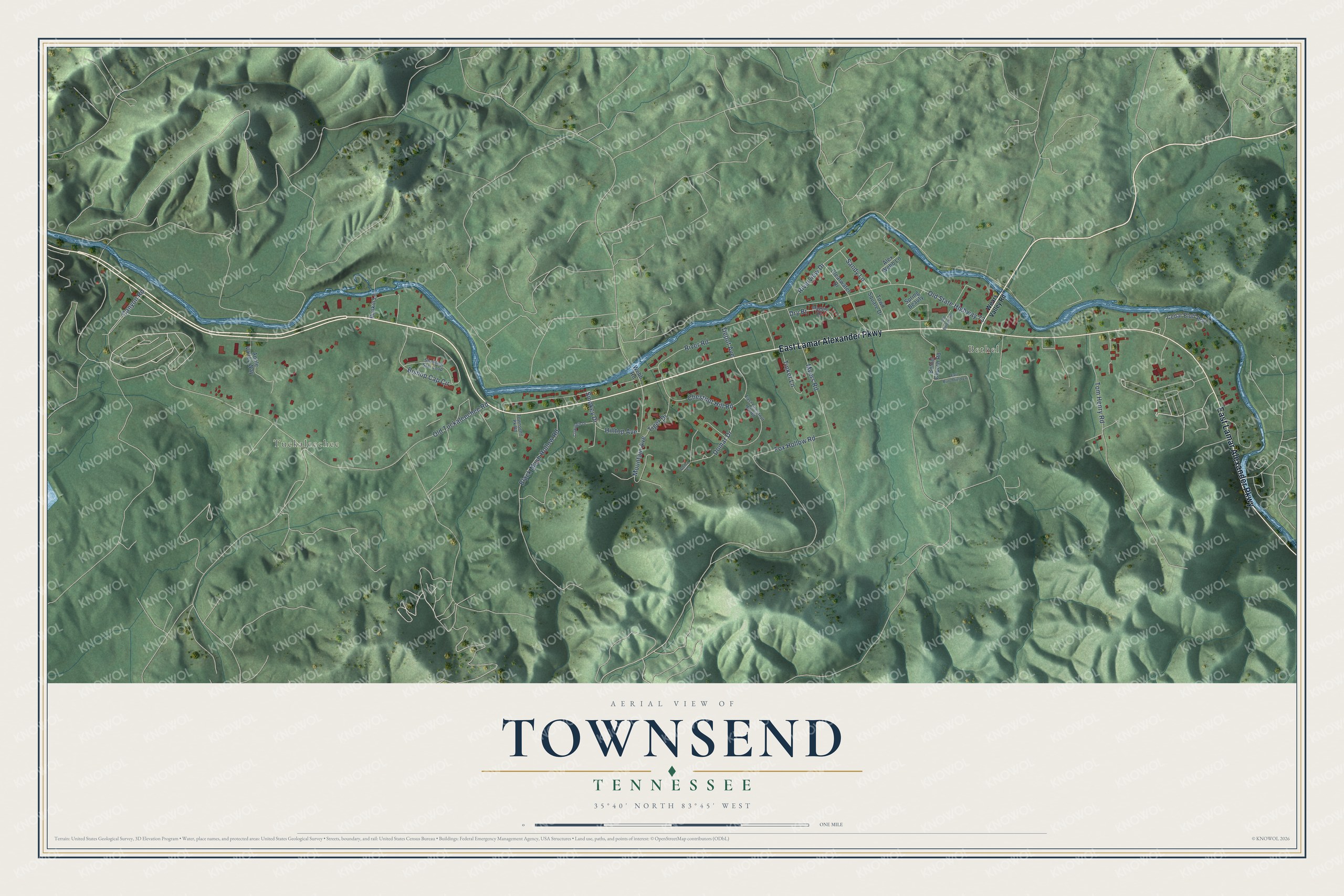 Full map of Townsend, Tennessee, with red buildings, printed street names and the land around them
