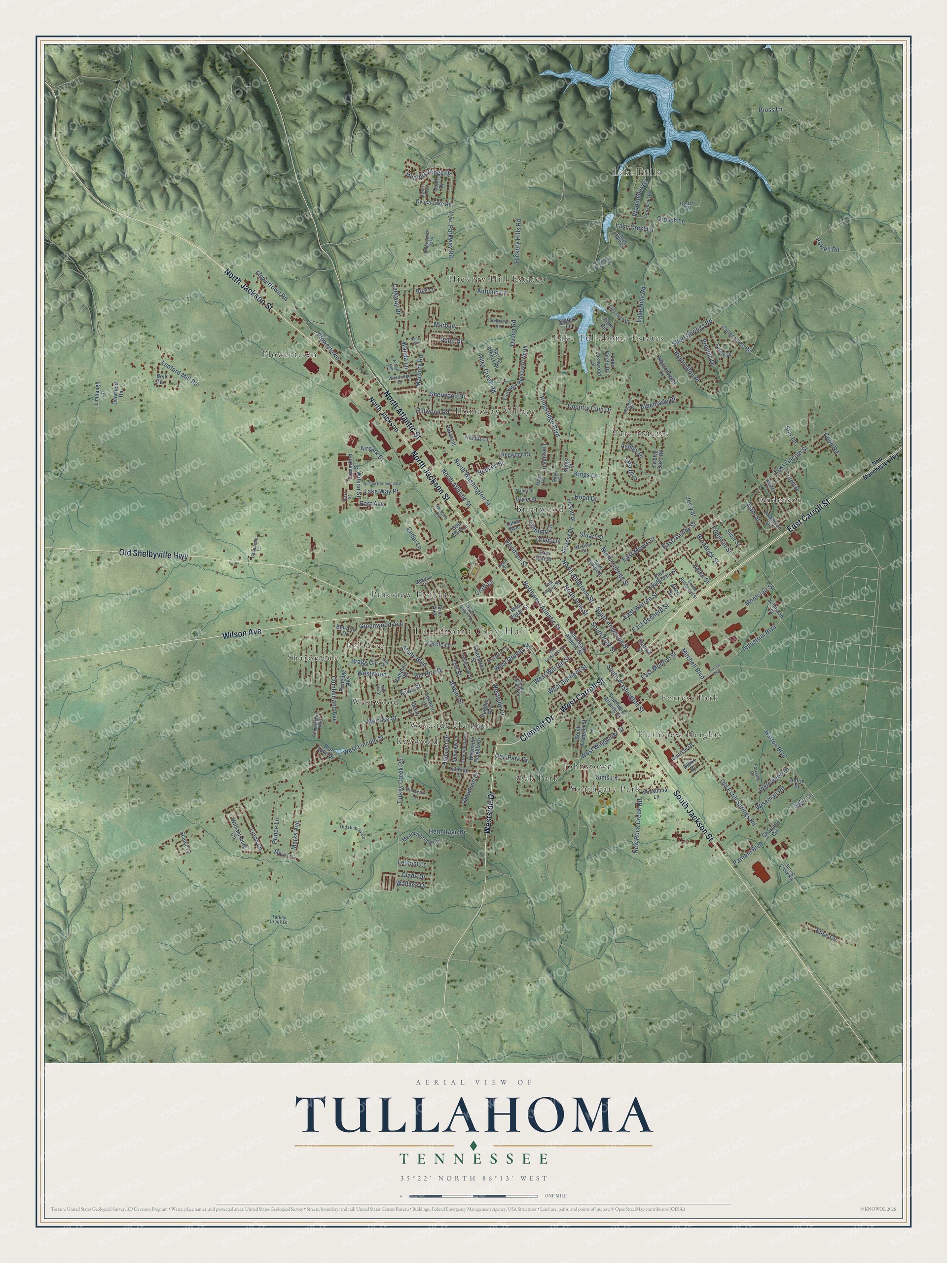 Full map of Tullahoma, Tennessee, with red buildings, printed street names and the land around them