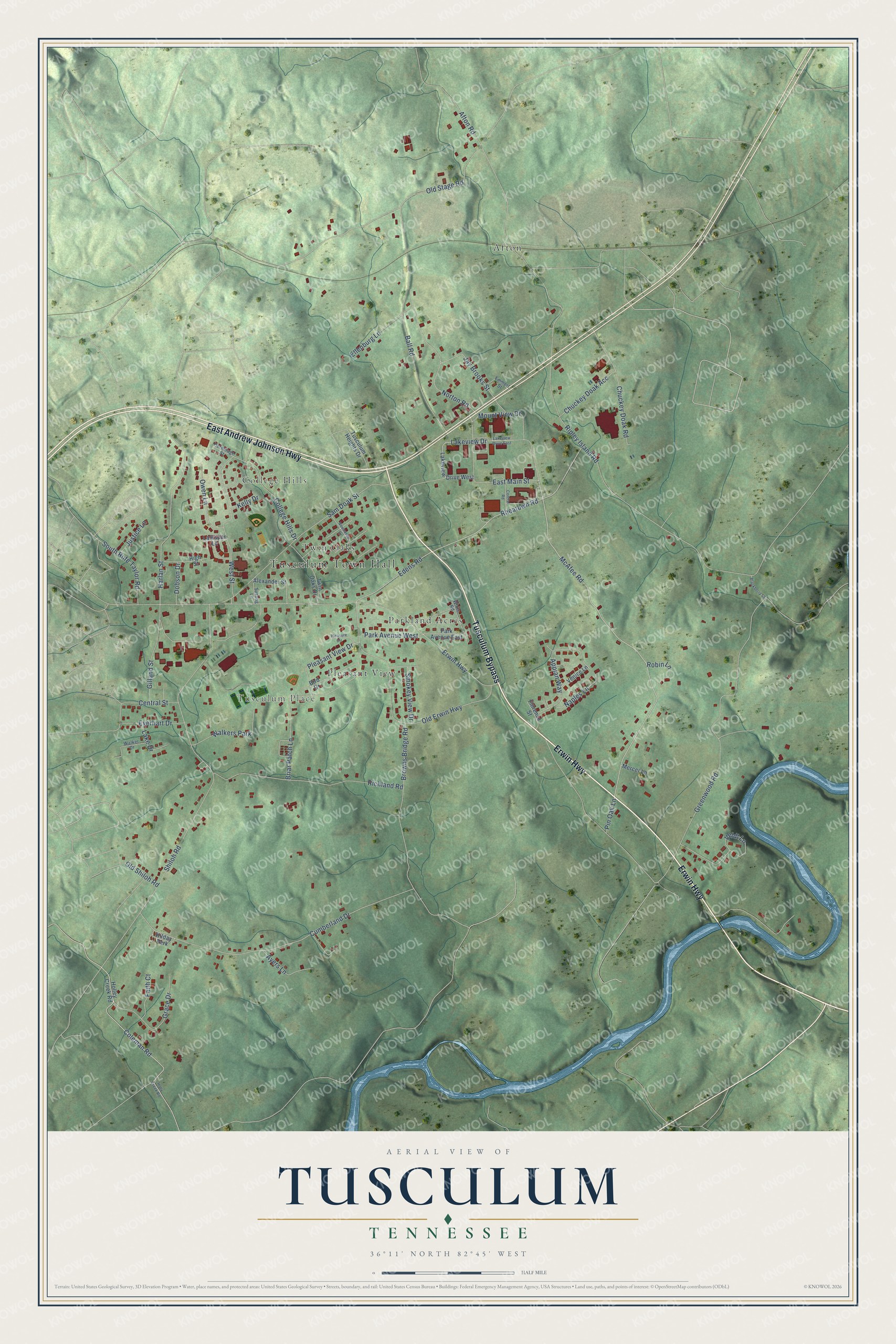 Full map of Tusculum, Tennessee, with red buildings, printed street names and the land around them