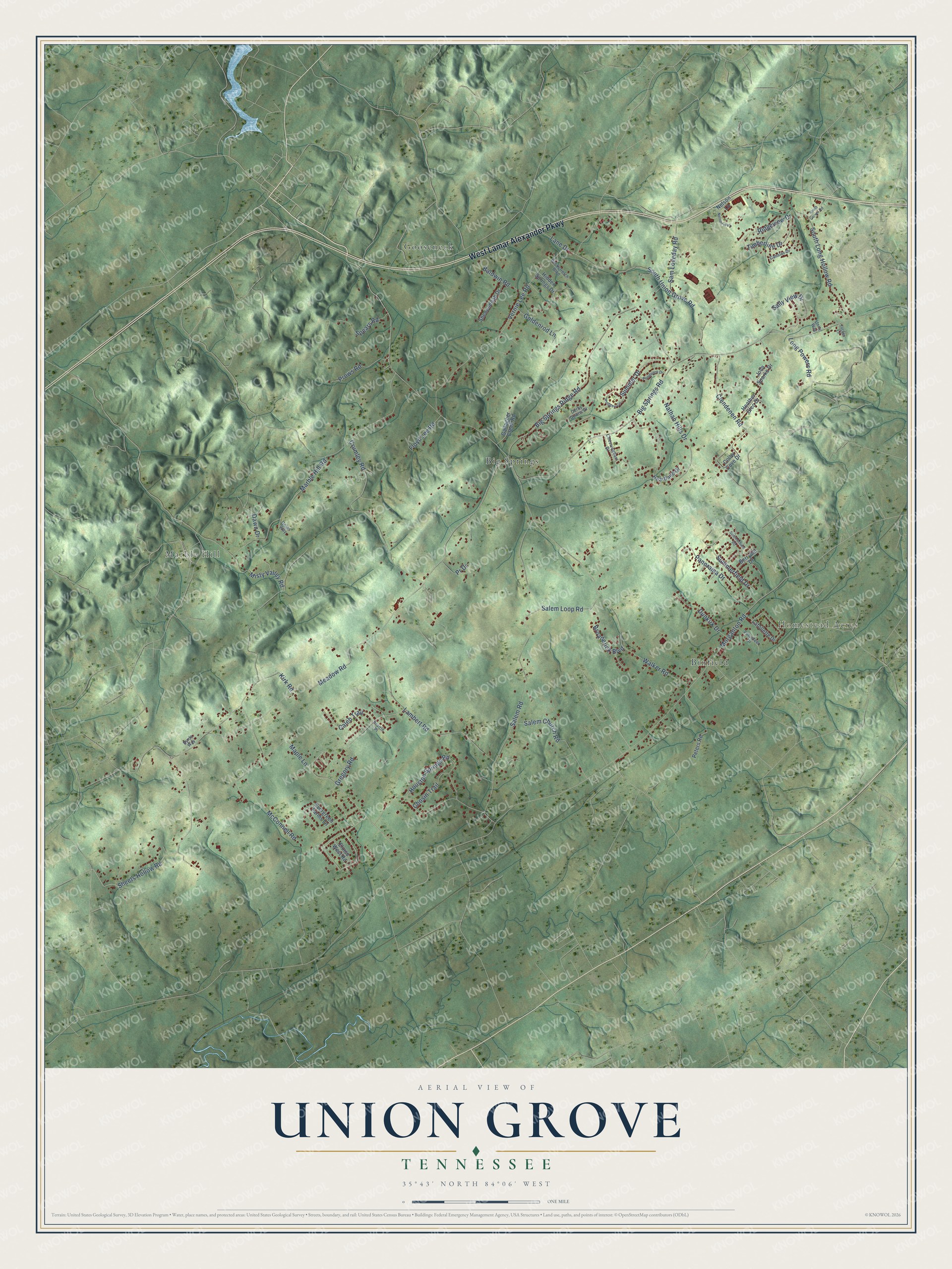 Full map of Union Grove, Tennessee, with red buildings, printed street names and the land around them