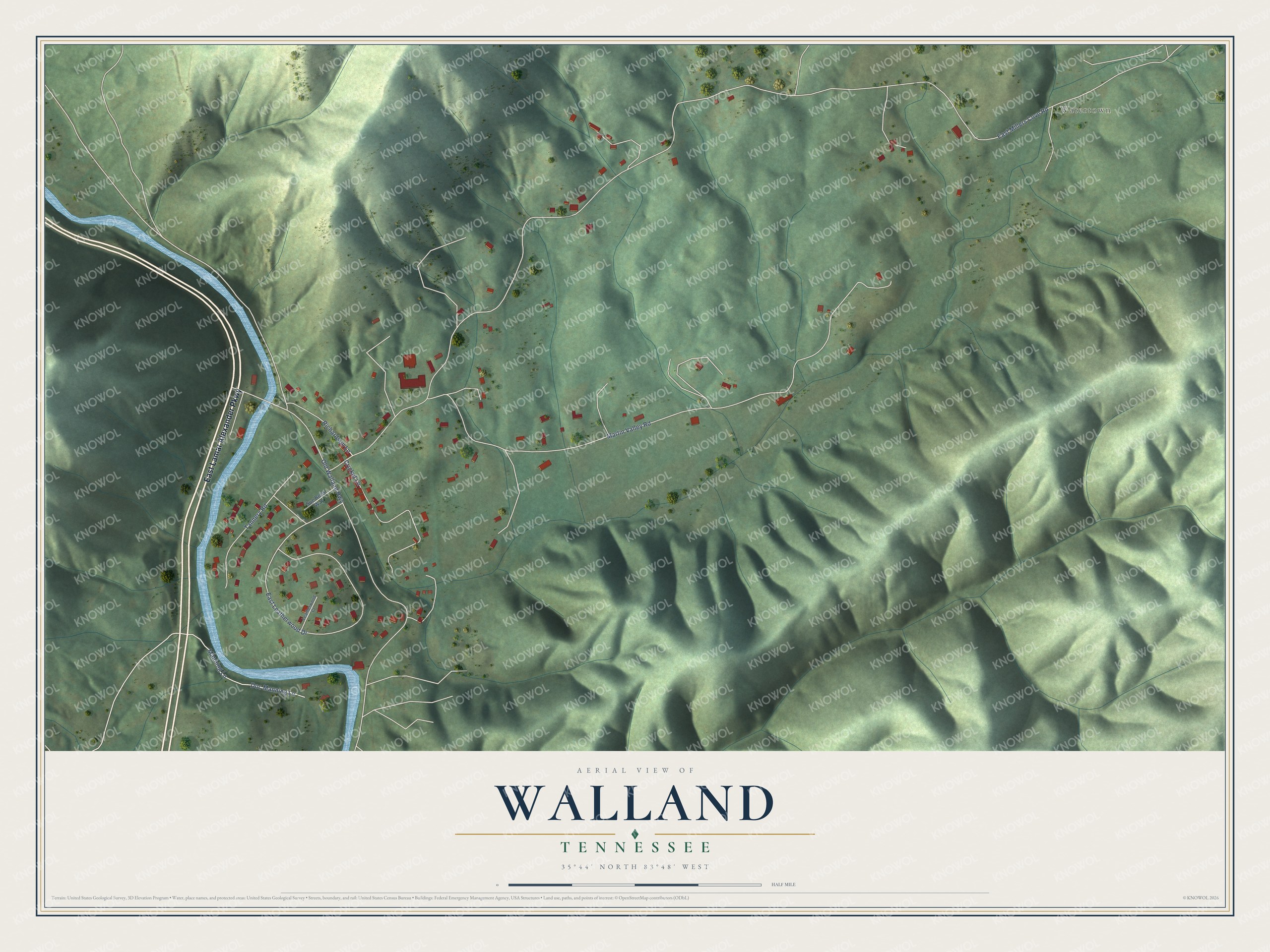 Full map of Walland, Tennessee, with red buildings, printed street names and the land around them