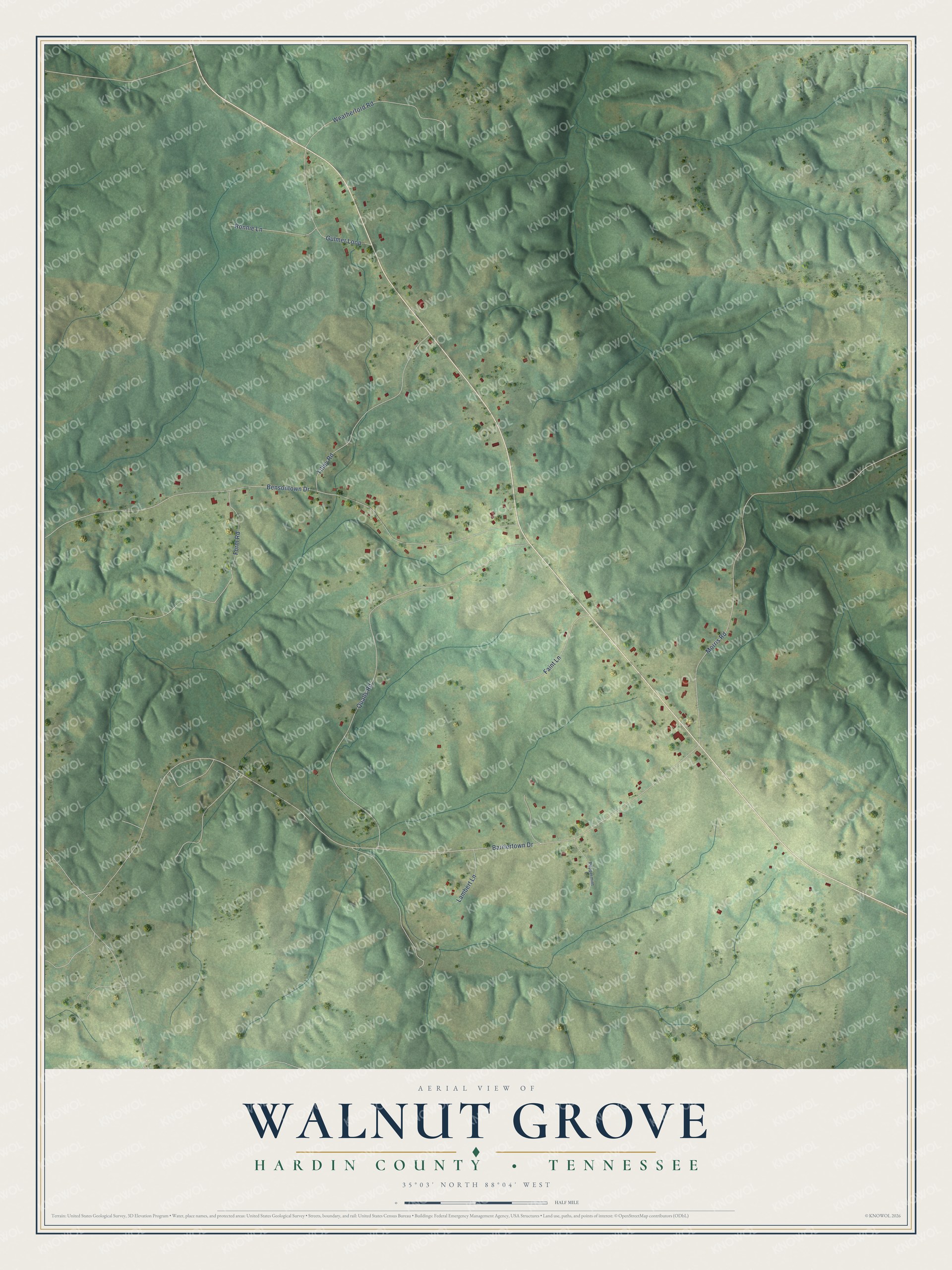 Full map of Walnut Grove, Tennessee, with red buildings, printed street names and the land around them
