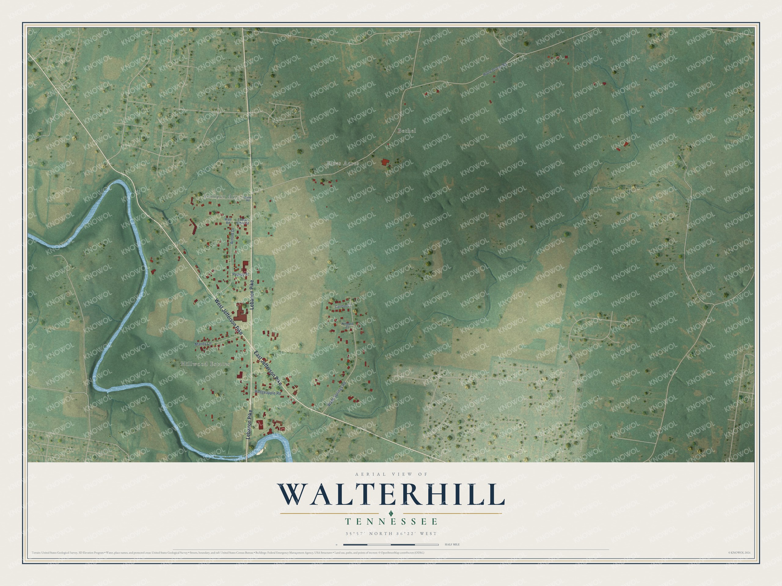 Full map of Walterhill, Tennessee, with red buildings, printed street names and the land around them