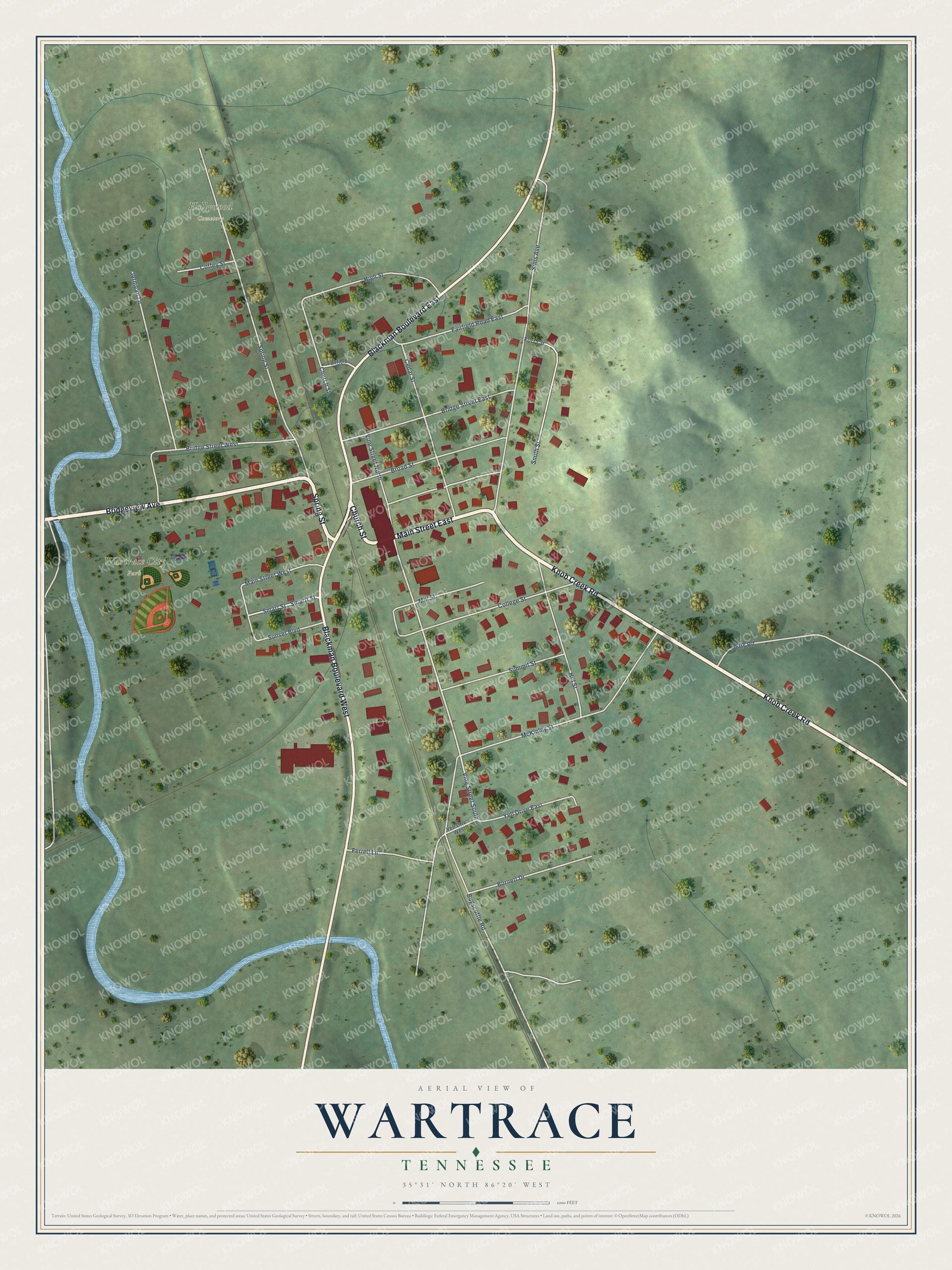 Full map of Wartrace, Tennessee, with red buildings, printed street names and the land around them