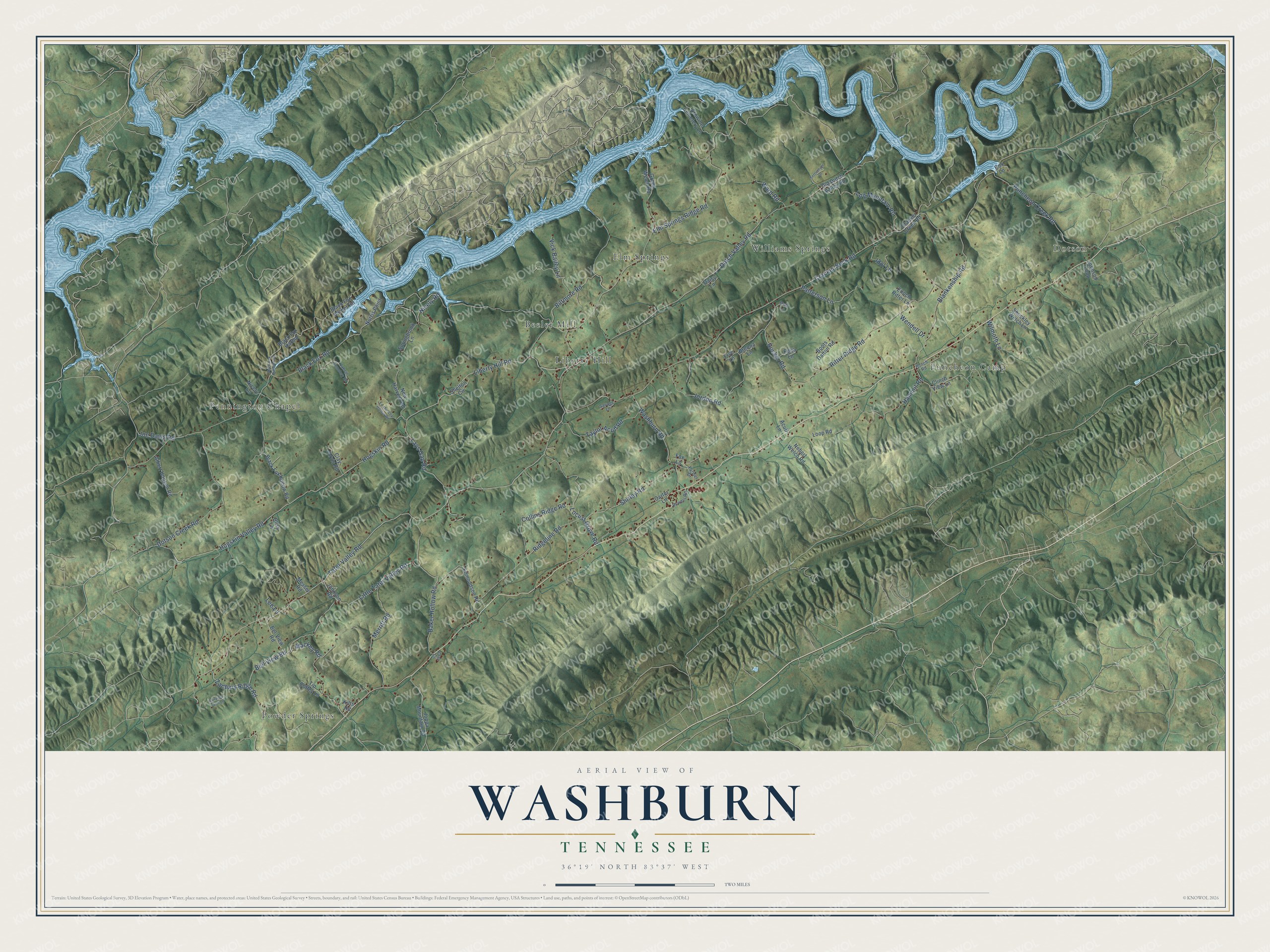 Full map of Washburn, Tennessee, with red buildings, printed street names and the land around them
