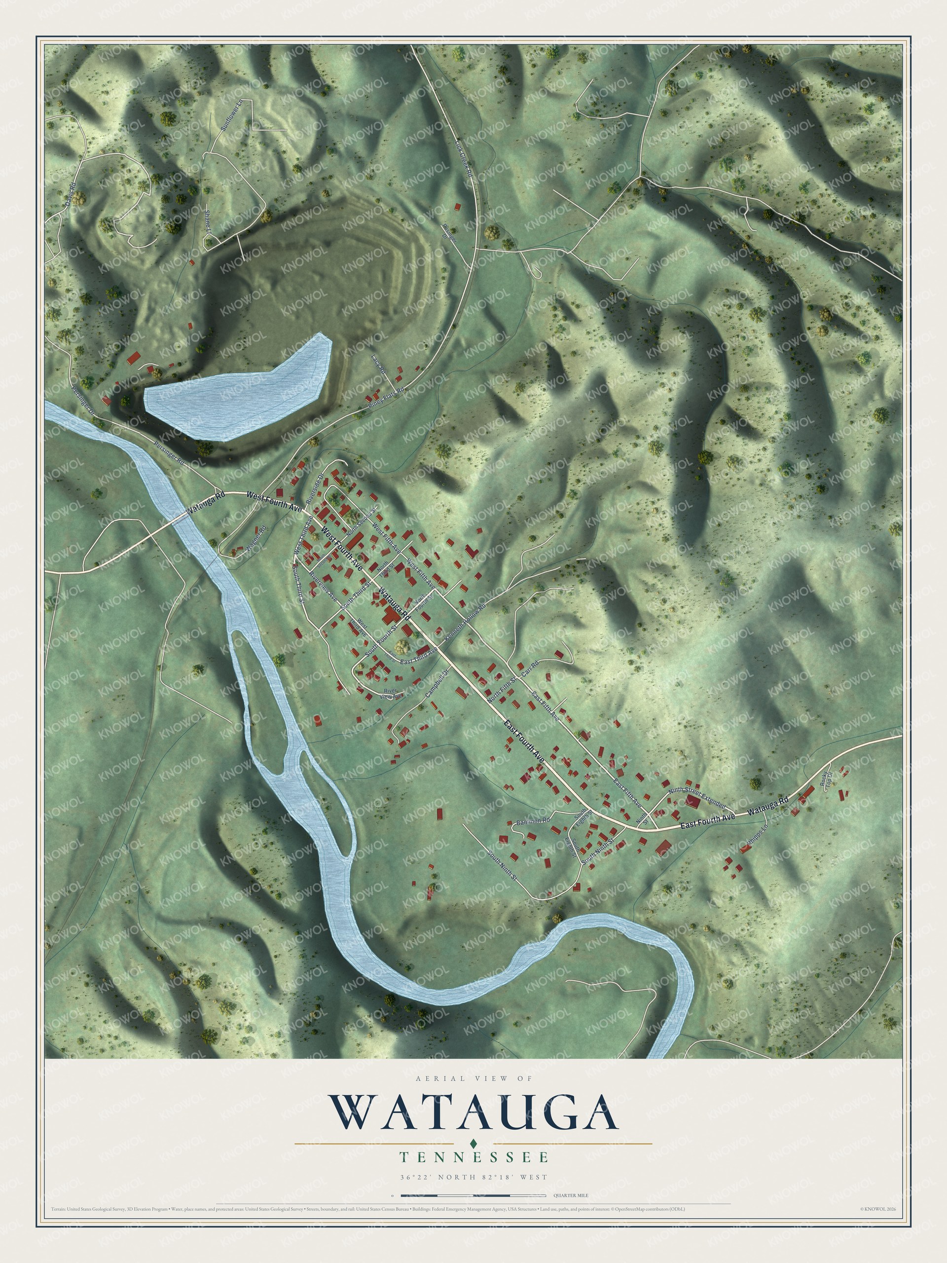 Full map of Watauga, Tennessee, with red buildings, printed street names and the land around them