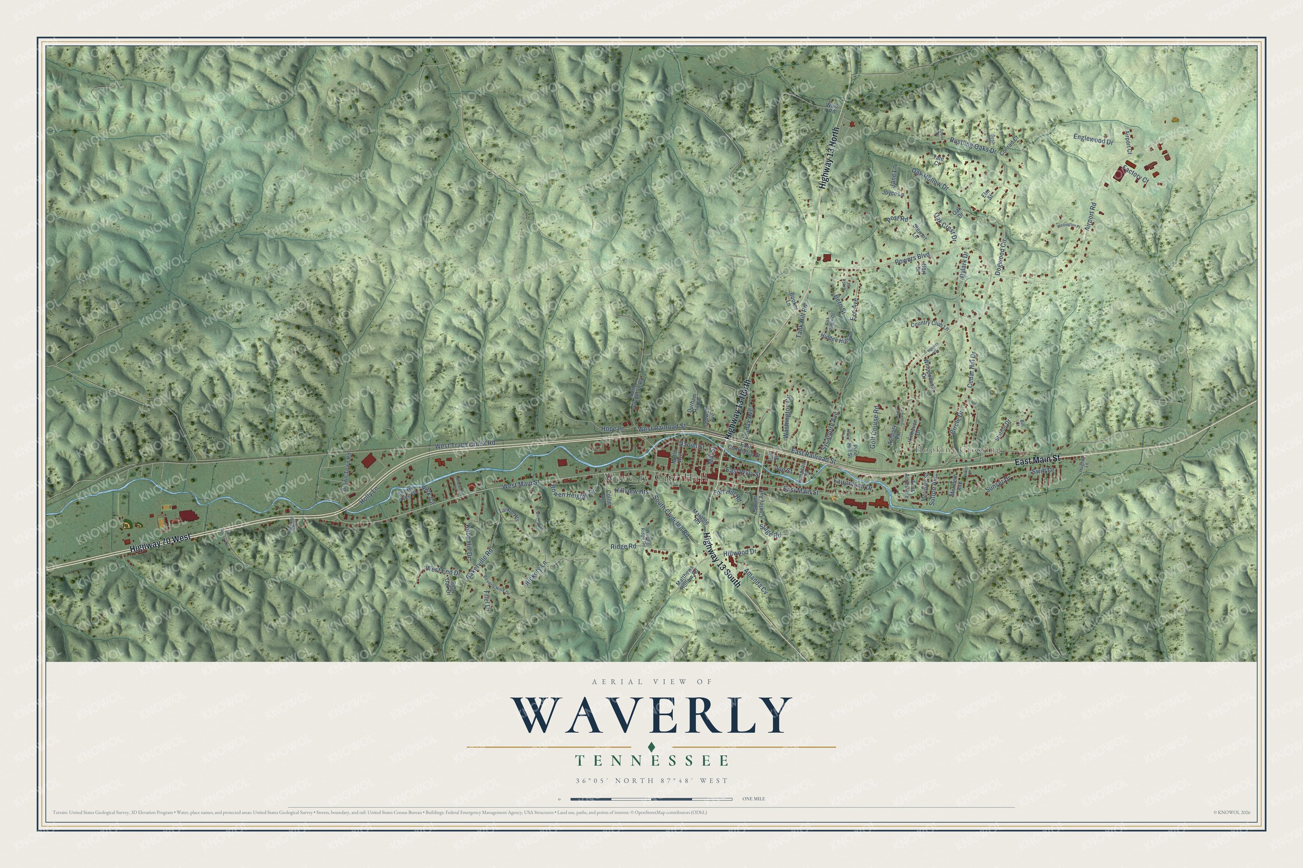 Full map of Waverly, Tennessee, with red buildings, printed street names and the land around them