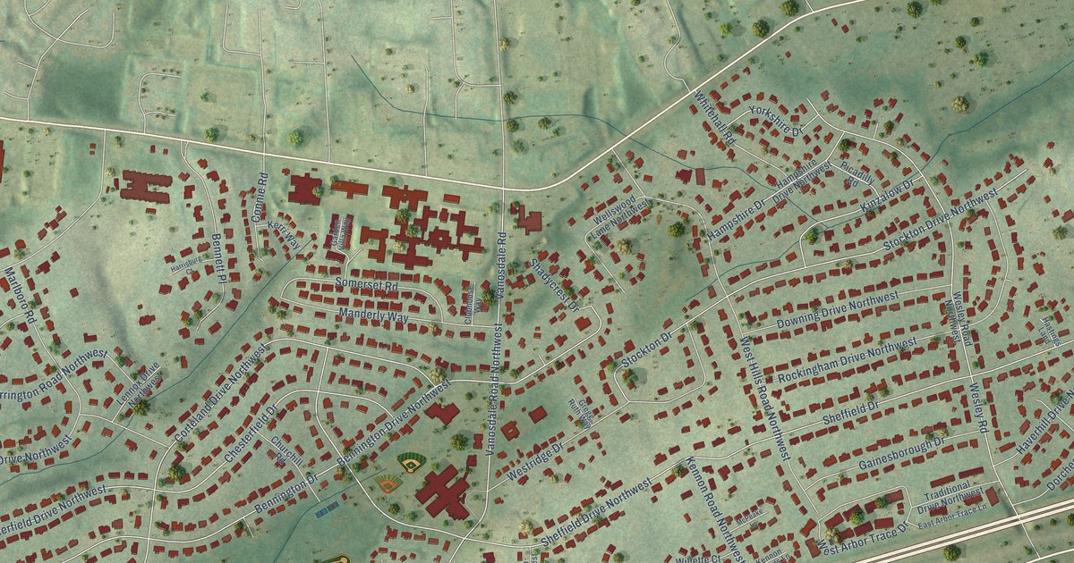 Close-up of streets and buildings in West Hills, Tennessee