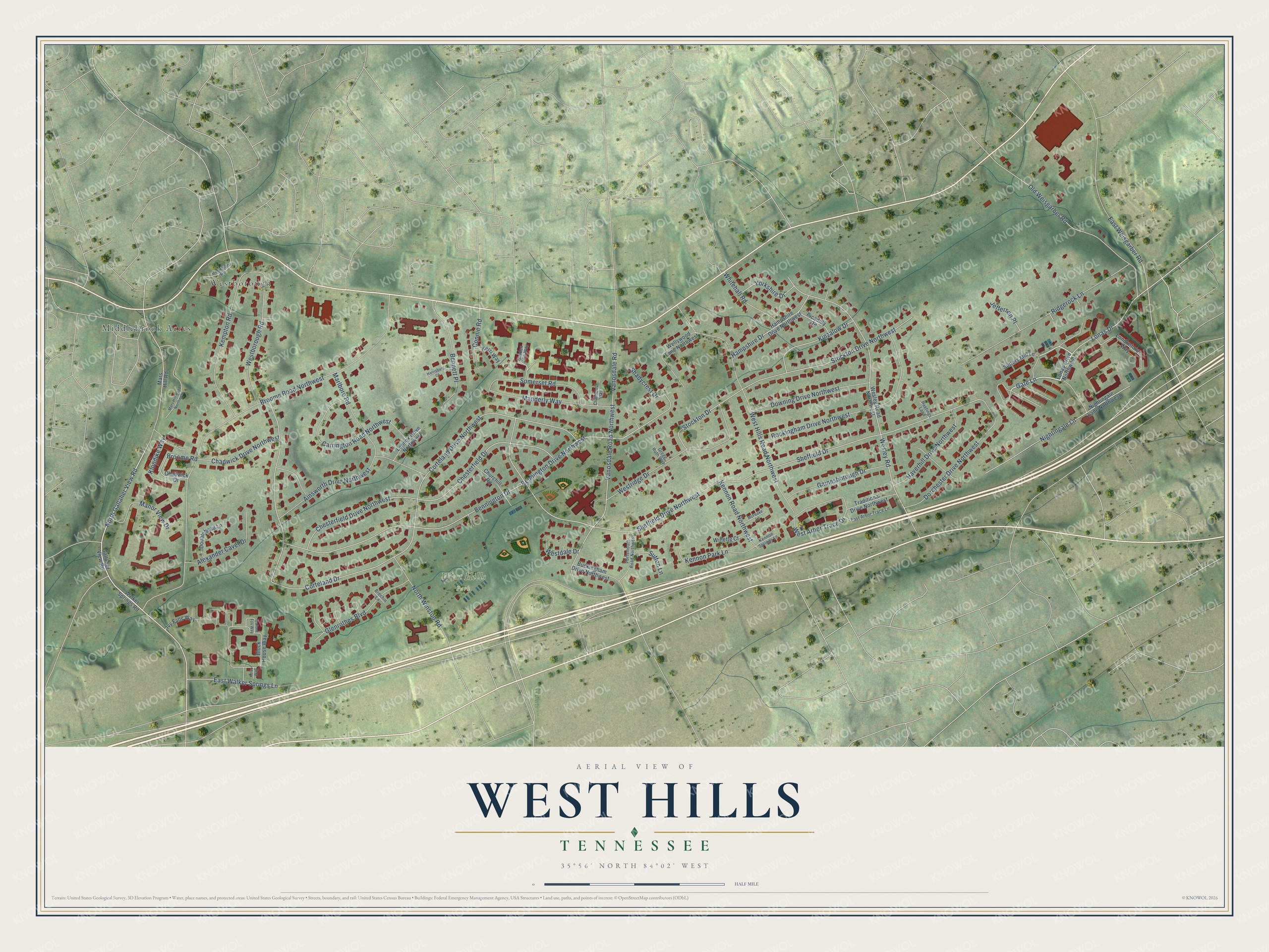Full map of West Hills, Tennessee, with red buildings, printed street names and the land around them