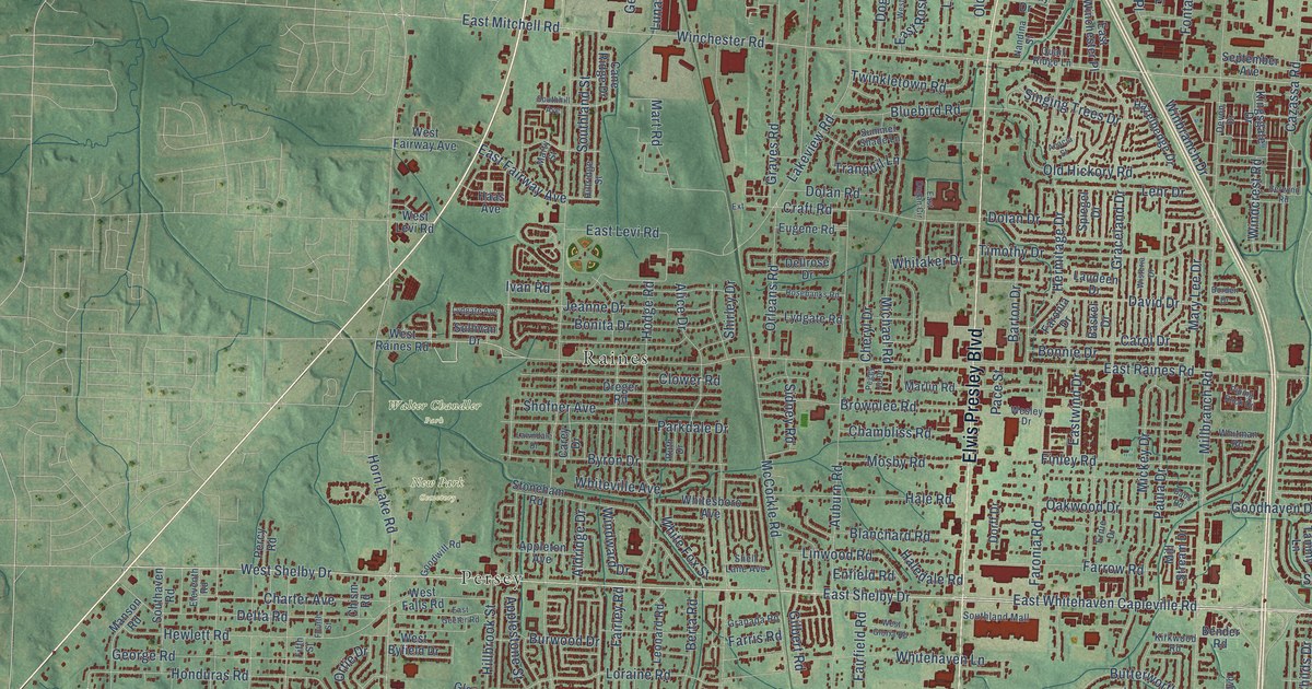 Close-up of streets and buildings in Whitehaven, Tennessee