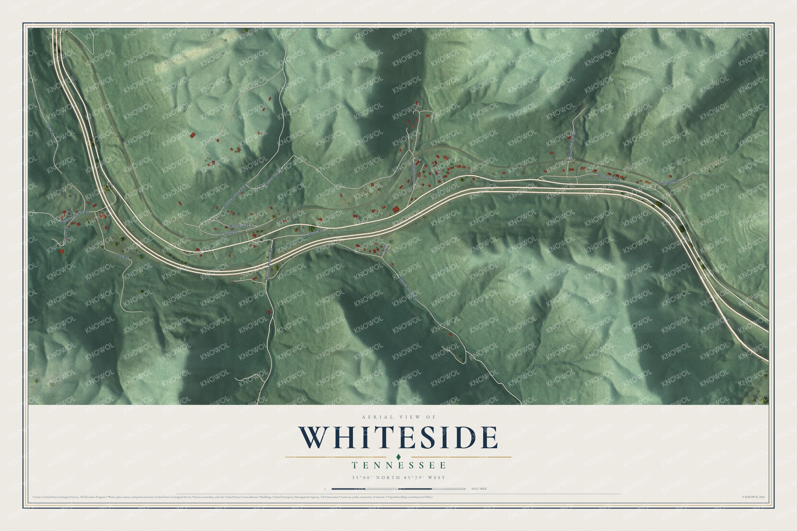 Full map of Whiteside, Tennessee, with red buildings, printed street names and the land around them