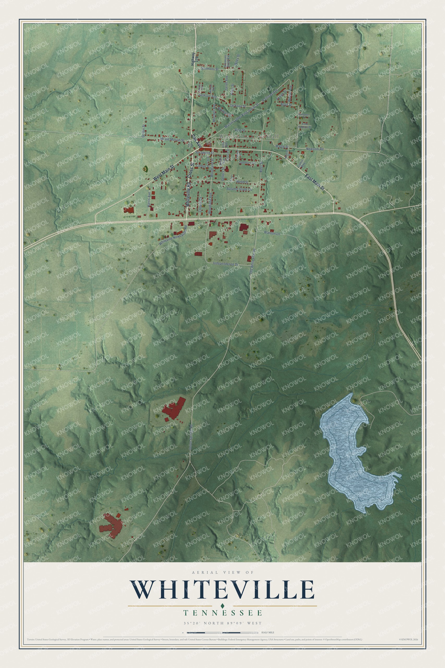 Full map of Whiteville, Tennessee, with red buildings, printed street names and the land around them