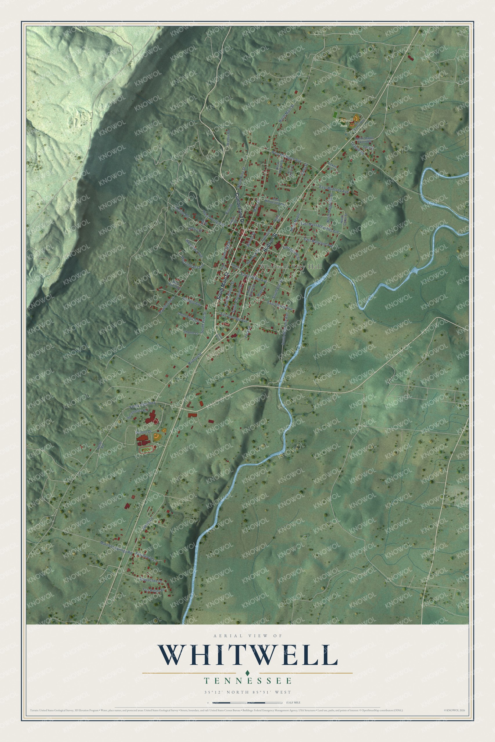 Full map of Whitwell, Tennessee, with red buildings, printed street names and the land around them